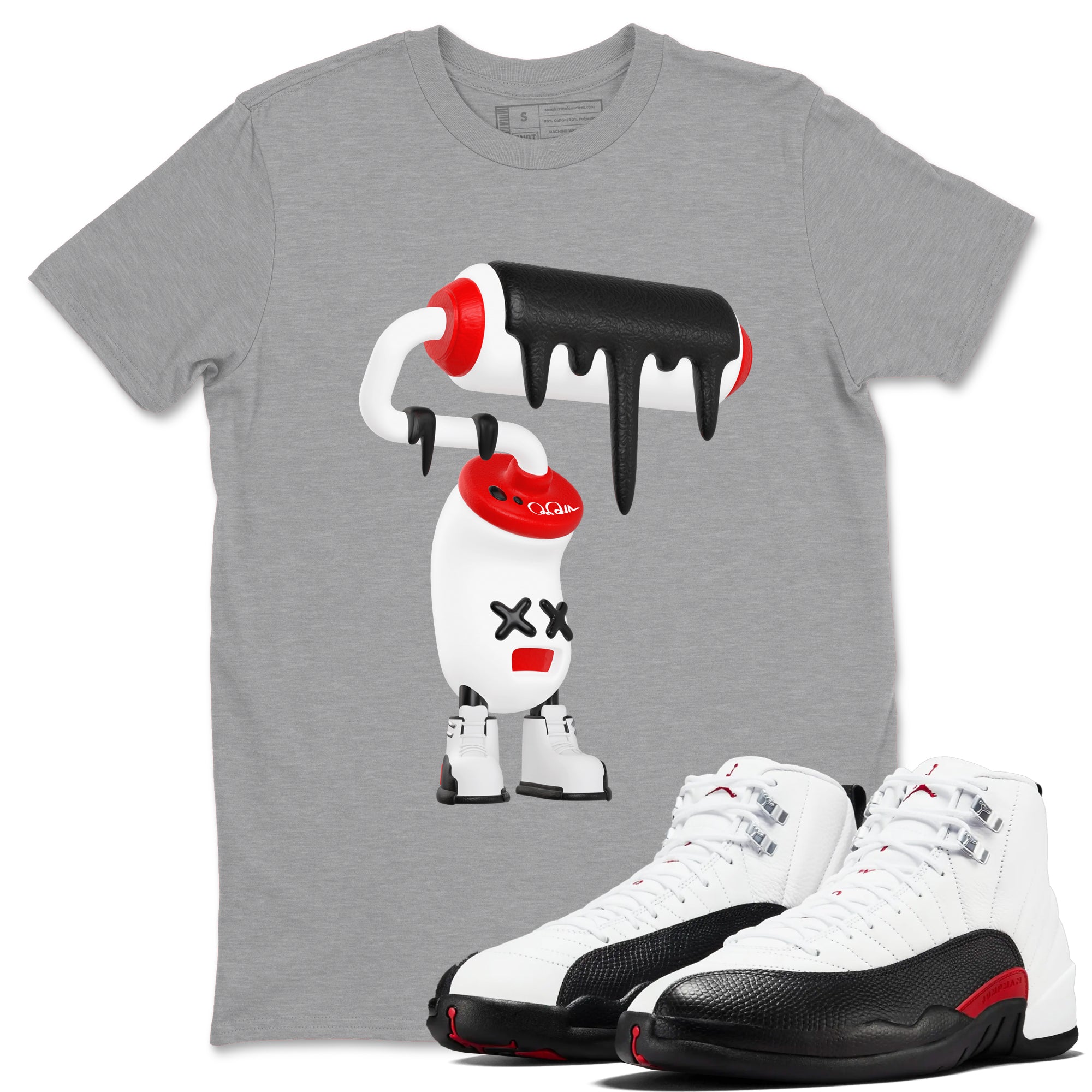 12s Taxi Flip shirts to match jordans 3D Paint Roller sneaker match tees Air Jordan 12 Taxi Flip Drip Gear Zone streetwear brand Heather Grey 1 unisex cotton tee