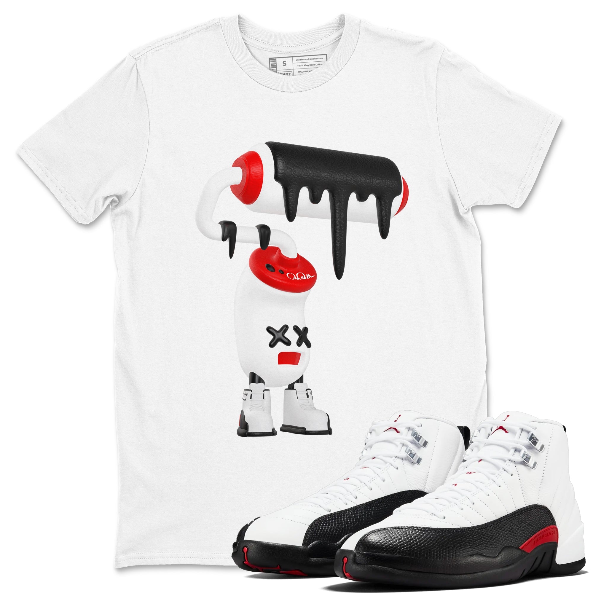 12s Taxi Flip shirts to match jordans 3D Paint Roller sneaker match tees Air Jordan 12 Taxi Flip Drip Gear Zone streetwear brand White 1 unisex cotton tee