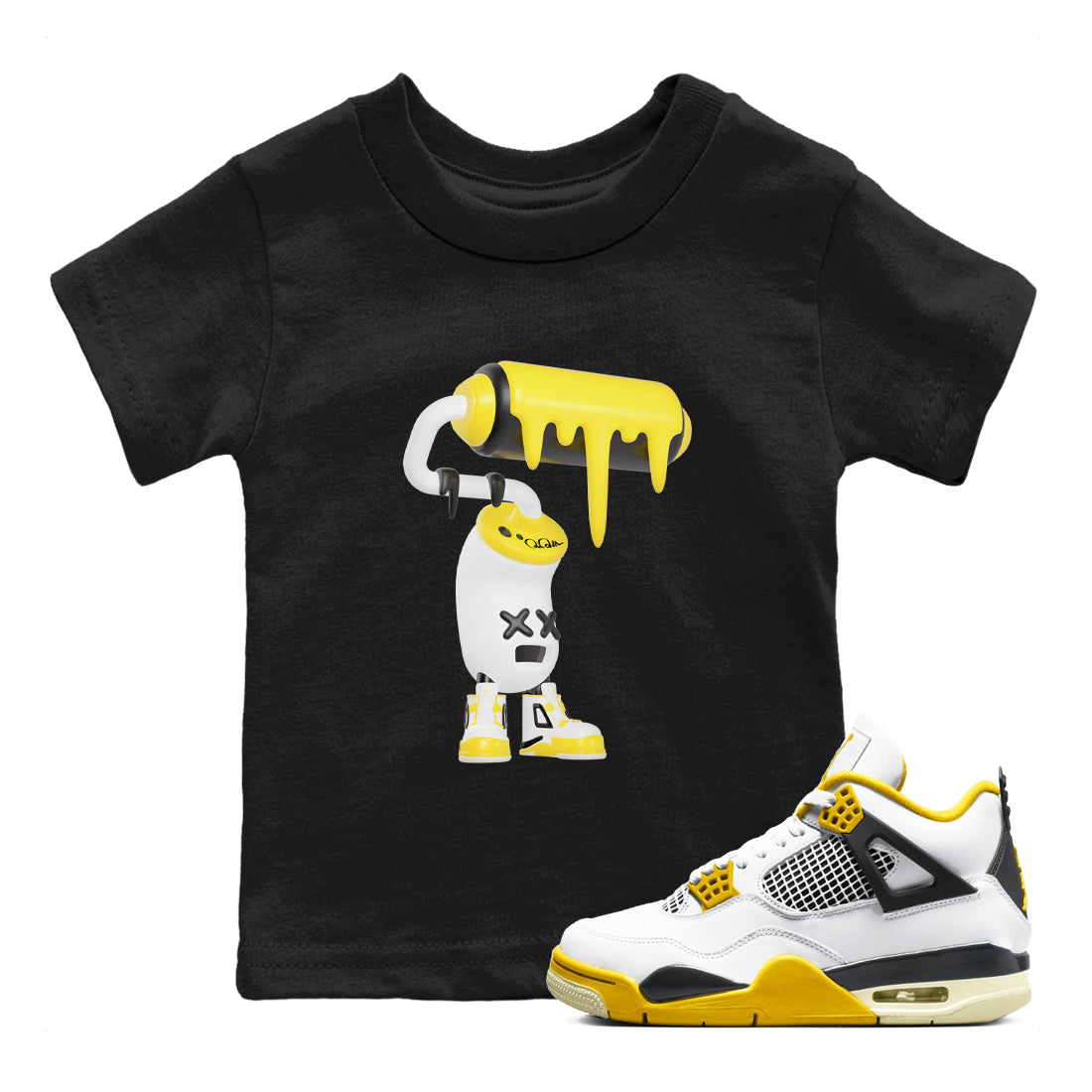 AJ4 Vivid Sulfur shirt to match jordans 3D Paint Roller sneaker tees Air Jordan 4 Vivid Sulfur Drip Gear Zone baby toddler Black 1 cotton Shirt