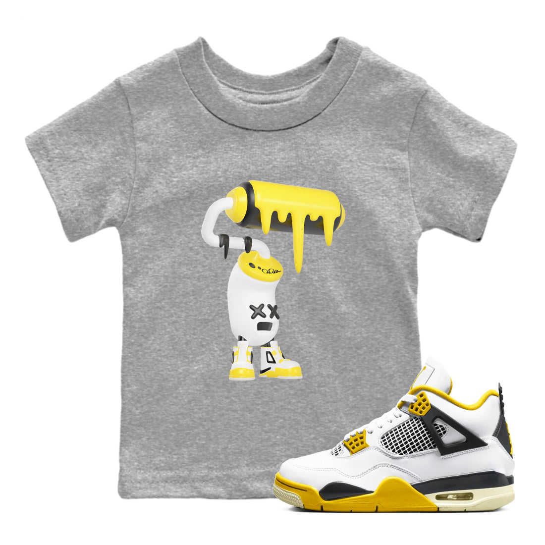 AJ4 Vivid Sulfur shirt to match jordans 3D Paint Roller sneaker tees Air Jordan 4 Vivid Sulfur Drip Gear Zone baby toddler Heather Grey 1 cotton Shirt