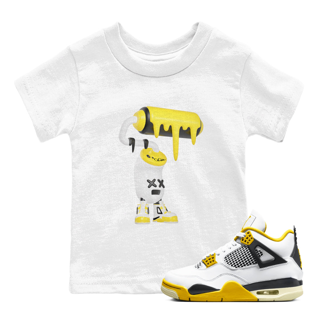 AJ4 Vivid Sulfur shirt to match jordans 3D Paint Roller sneaker tees Air Jordan 4 Vivid Sulfur Drip Gear Zone baby toddler White 1 cotton Shirt