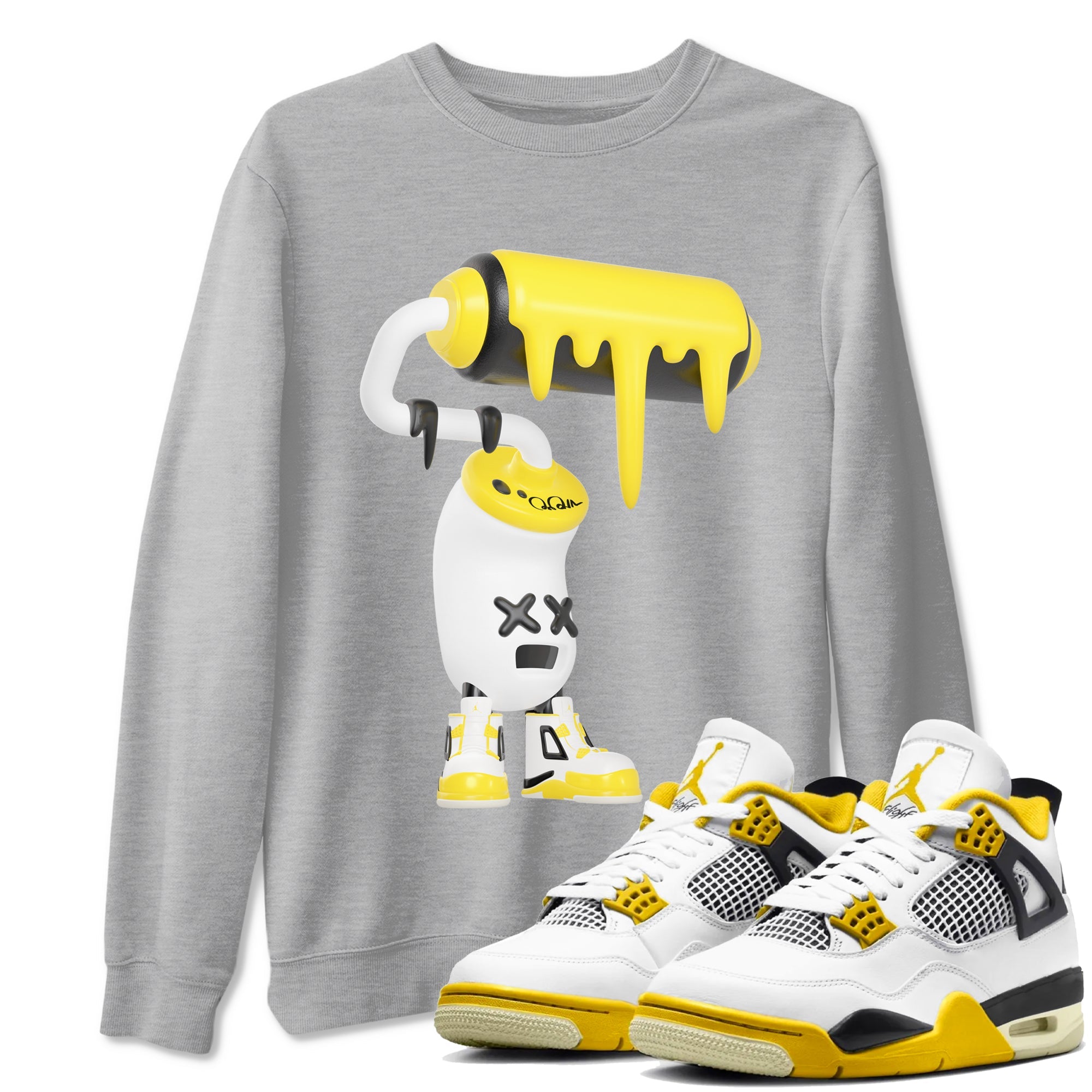 AJ4 Vivid Sulfur shirt to match jordans 3D Paint Roller sneaker tees Air Jordan 4 Vivid Sulfur Drip Gear Zone unisex cotton Heather Grey 1 crew neck shirt