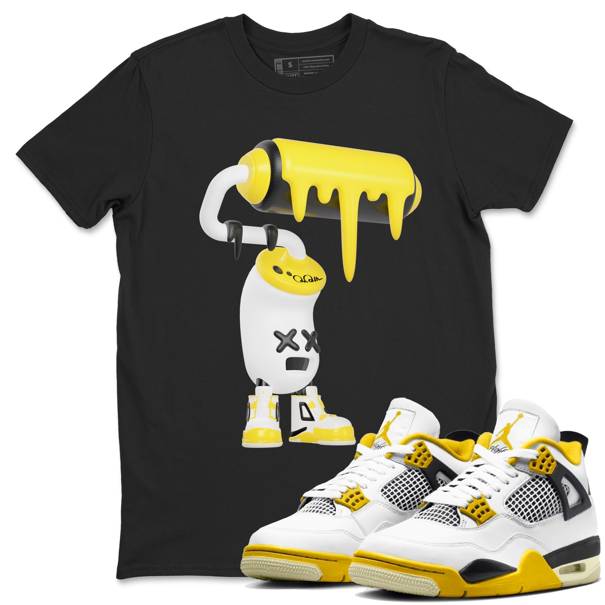 AJ4 Vivid Sulfur shirt to match jordans 3D Paint Roller sneaker tees Air Jordan 4 Vivid Sulfur Drip Gear Zone unisex cotton Black 1 crew neck shirt