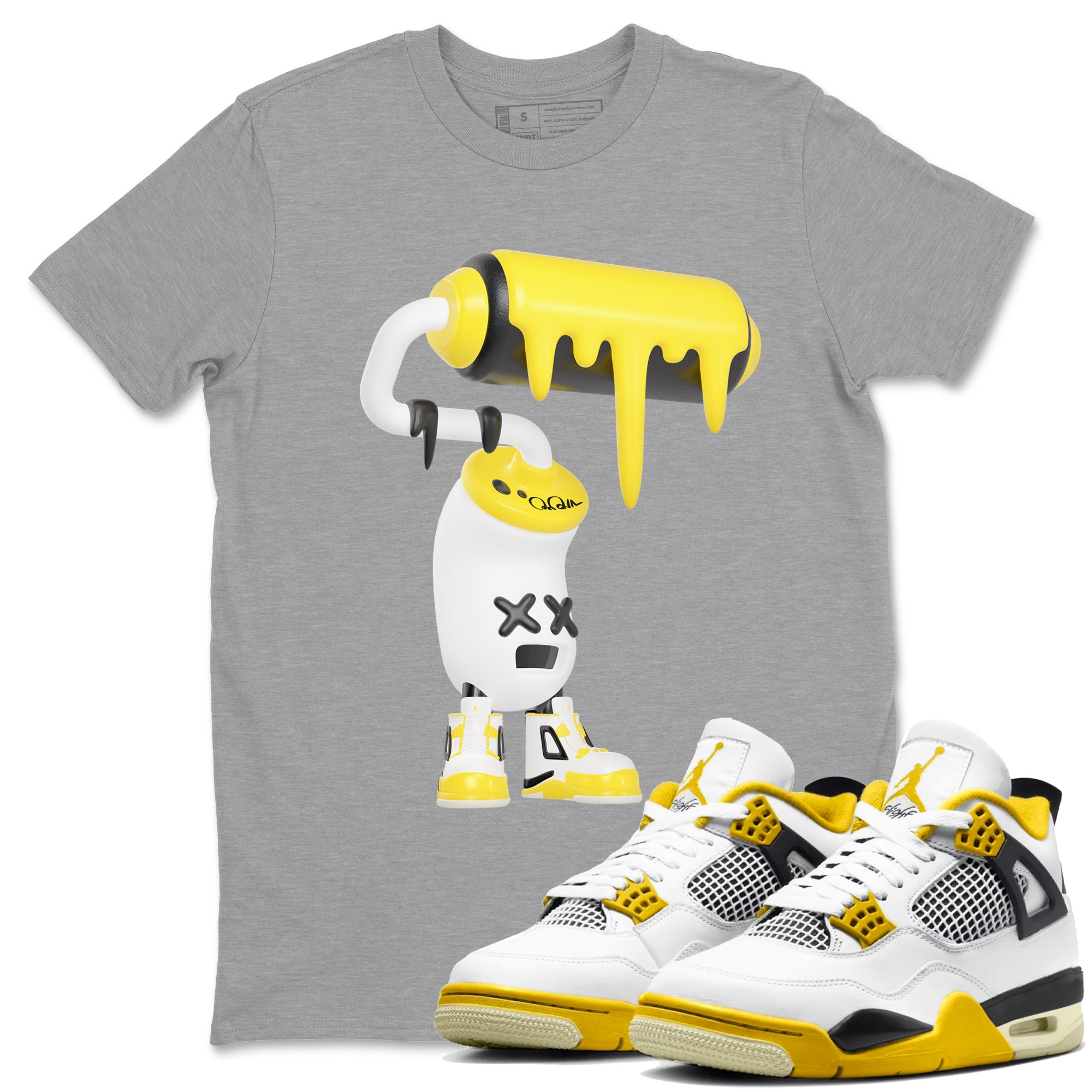 AJ4 Vivid Sulfur shirt to match jordans 3D Paint Roller sneaker tees Air Jordan 4 Vivid Sulfur Drip Gear Zone unisex cotton Heather Grey 1 crew neck shirt