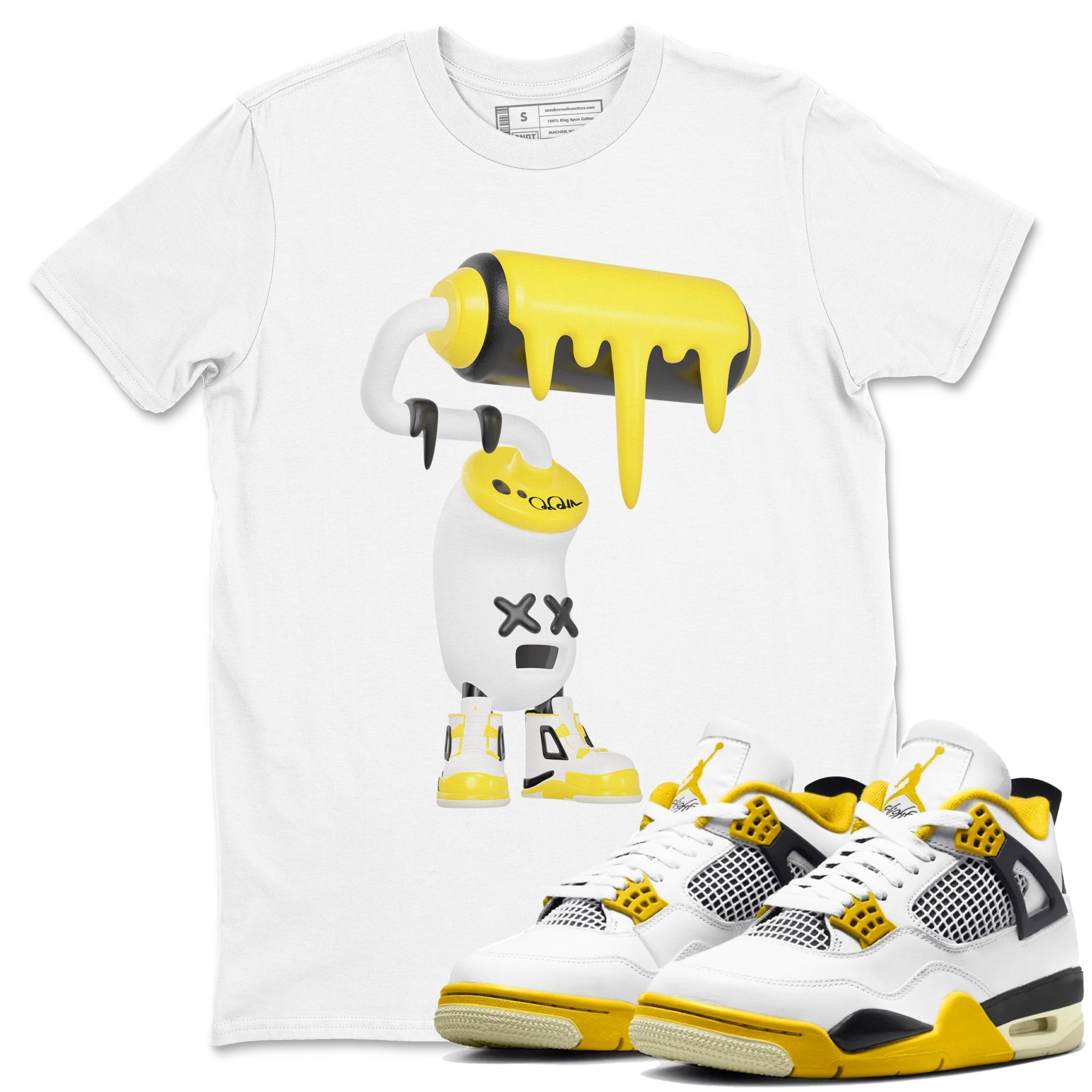 AJ4 Vivid Sulfur shirt to match jordans 3D Paint Roller sneaker tees Air Jordan 4 Vivid Sulfur Drip Gear Zone unisex cotton White 1 crew neck shirt