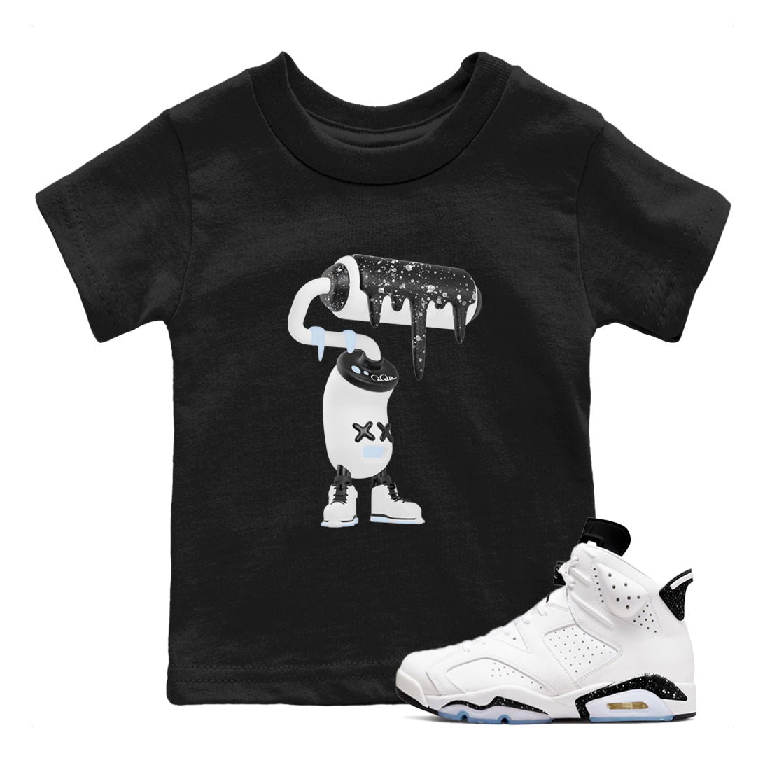 AJ6 White Black shirts to match jordans 3D Paint Roller sneaker match tees Air Jordan 6 White Black Drip Gear Zone streetwear brand Baby and Youth Black 1 cotton tee