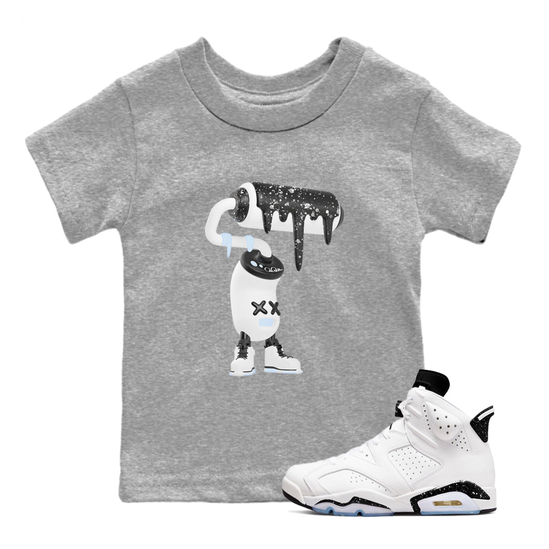 AJ6 White Black shirts to match jordans 3D Paint Roller sneaker match tees Air Jordan 6 White Black Drip Gear Zone streetwear brand Baby and Youth Heather Grey 1 cotton tee