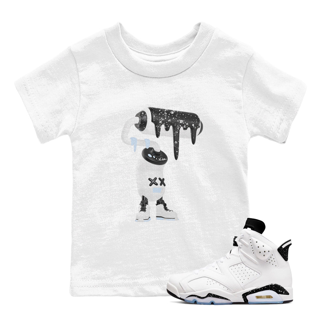 AJ6 White Black shirts to match jordans 3D Paint Roller sneaker match tees Air Jordan 6 White Black Drip Gear Zone streetwear brand Baby and Youth White 1 cotton tee