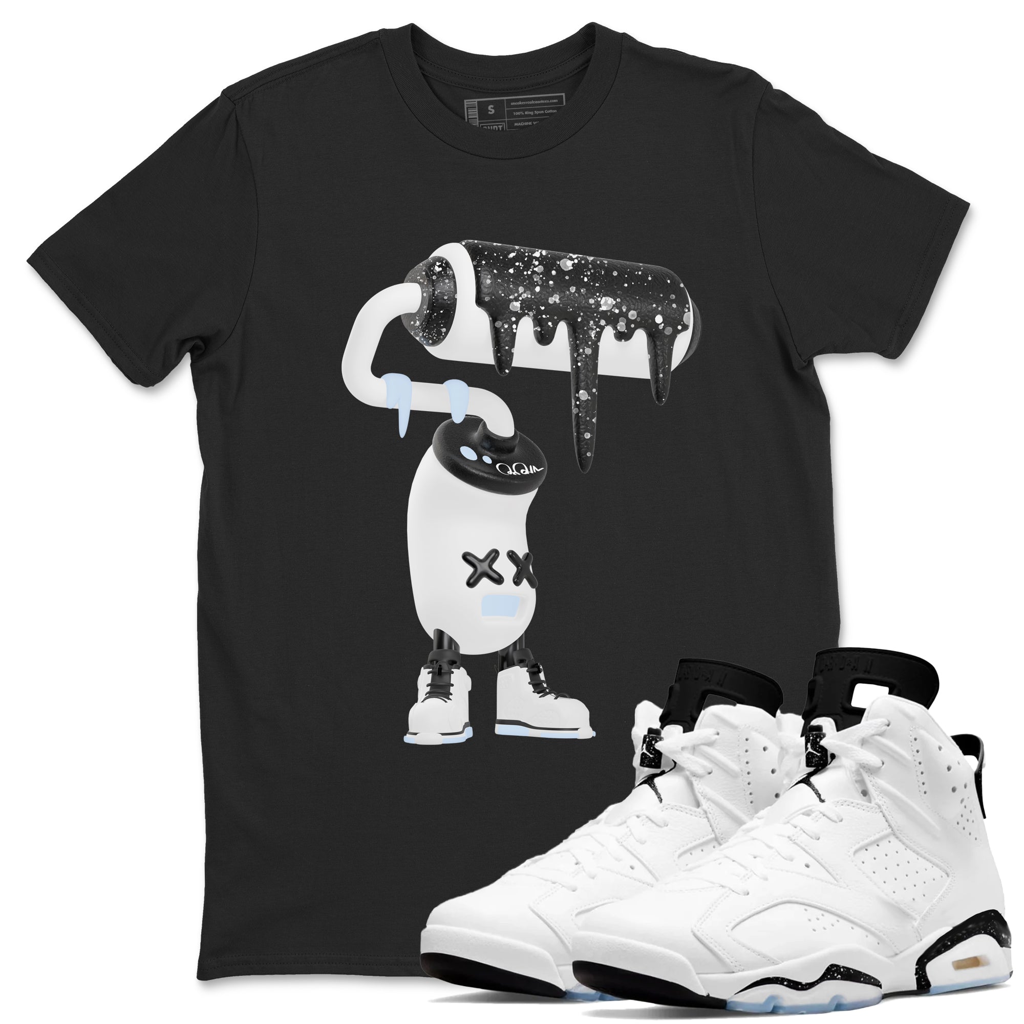 AJ6 White Black shirts to match jordans 3D Paint Roller sneaker match tees Air Jordan 6 White Black Drip Gear Zone streetwear brand Black 1 unisex cotton tee