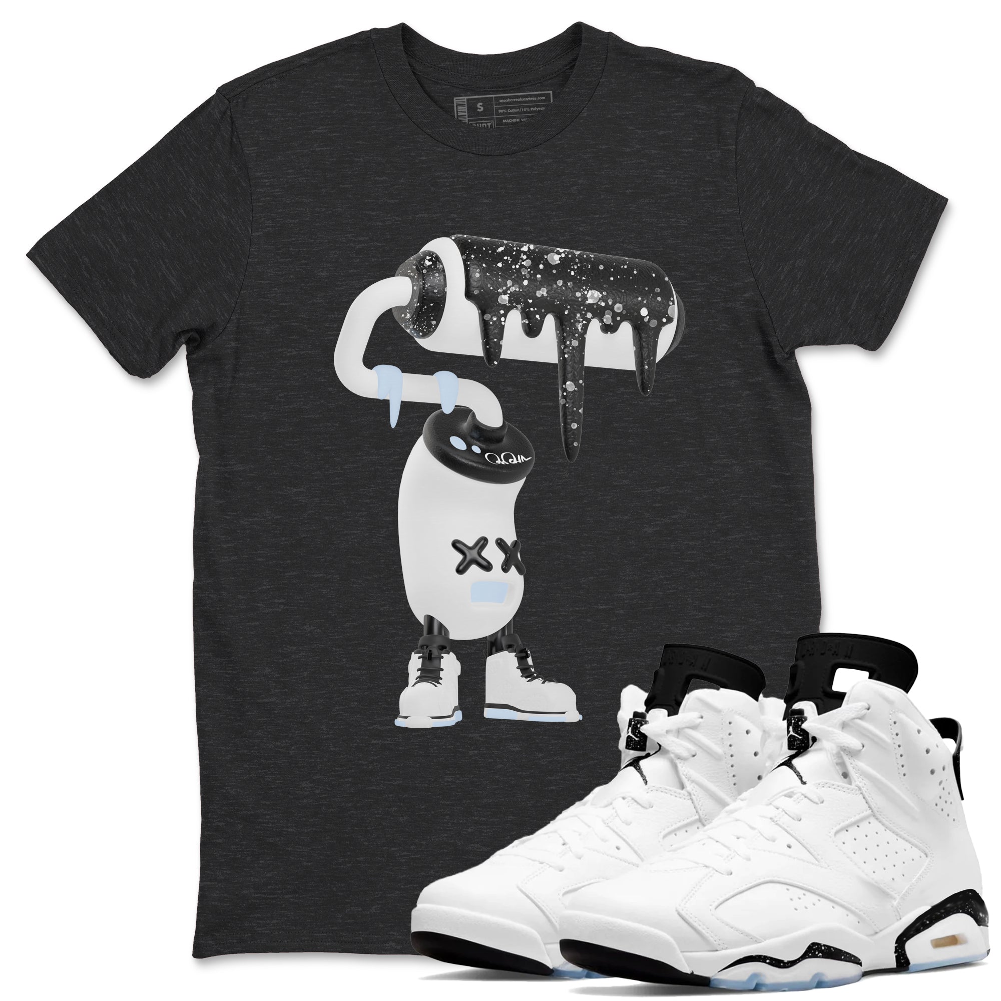 AJ6 White Black shirts to match jordans 3D Paint Roller sneaker match tees Air Jordan 6 White Black Drip Gear Zone streetwear brand Charcoal Heather 1 unisex cotton tee