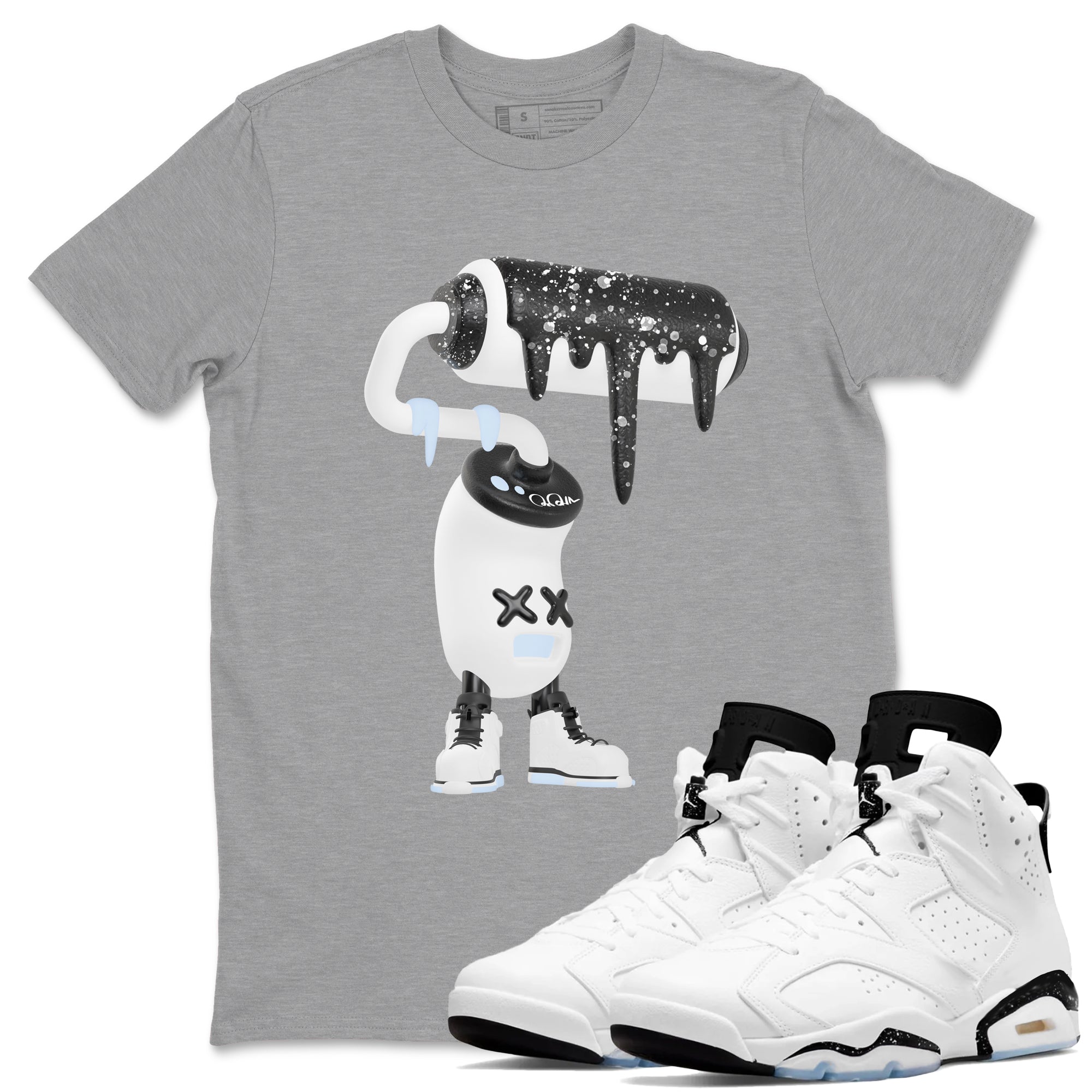 AJ6 White Black shirts to match jordans 3D Paint Roller sneaker match tees Air Jordan 6 White Black Drip Gear Zone streetwear brand Heather Grey 1 unisex cotton tee