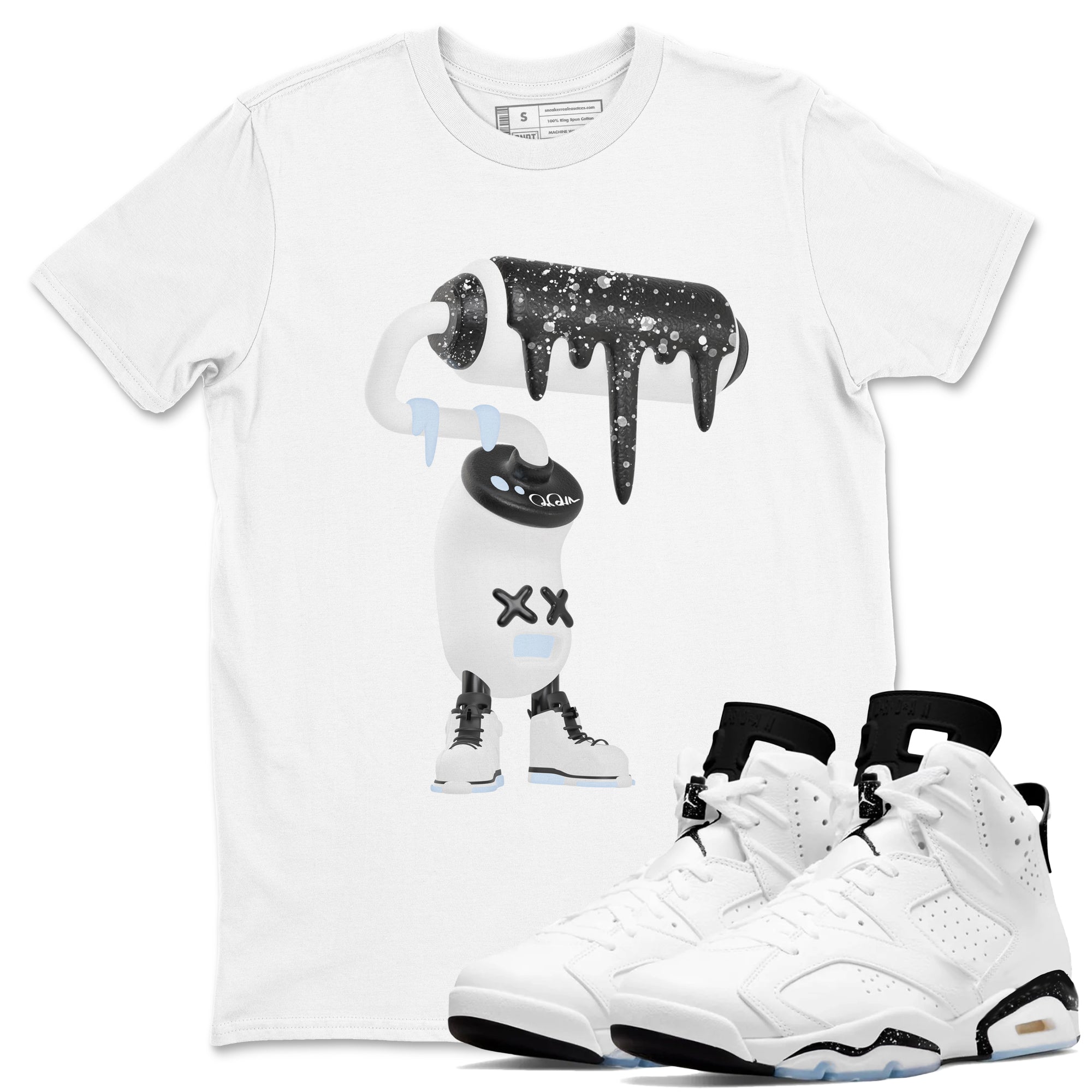 AJ6 White Black shirts to match jordans 3D Paint Roller sneaker match tees Air Jordan 6 White Black Drip Gear Zone streetwear brand White 1 unisex cotton tee