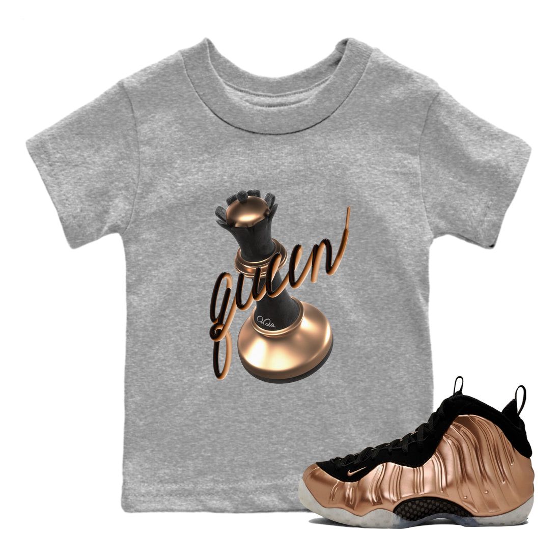 Foams One Metallic Copper shirts to match jordans 3D Queen sneaker match tees Air Foamposite One Metallic Copper match shoes to clothes Drip Gear Zone Youth Baby Heather Grey 1 tee