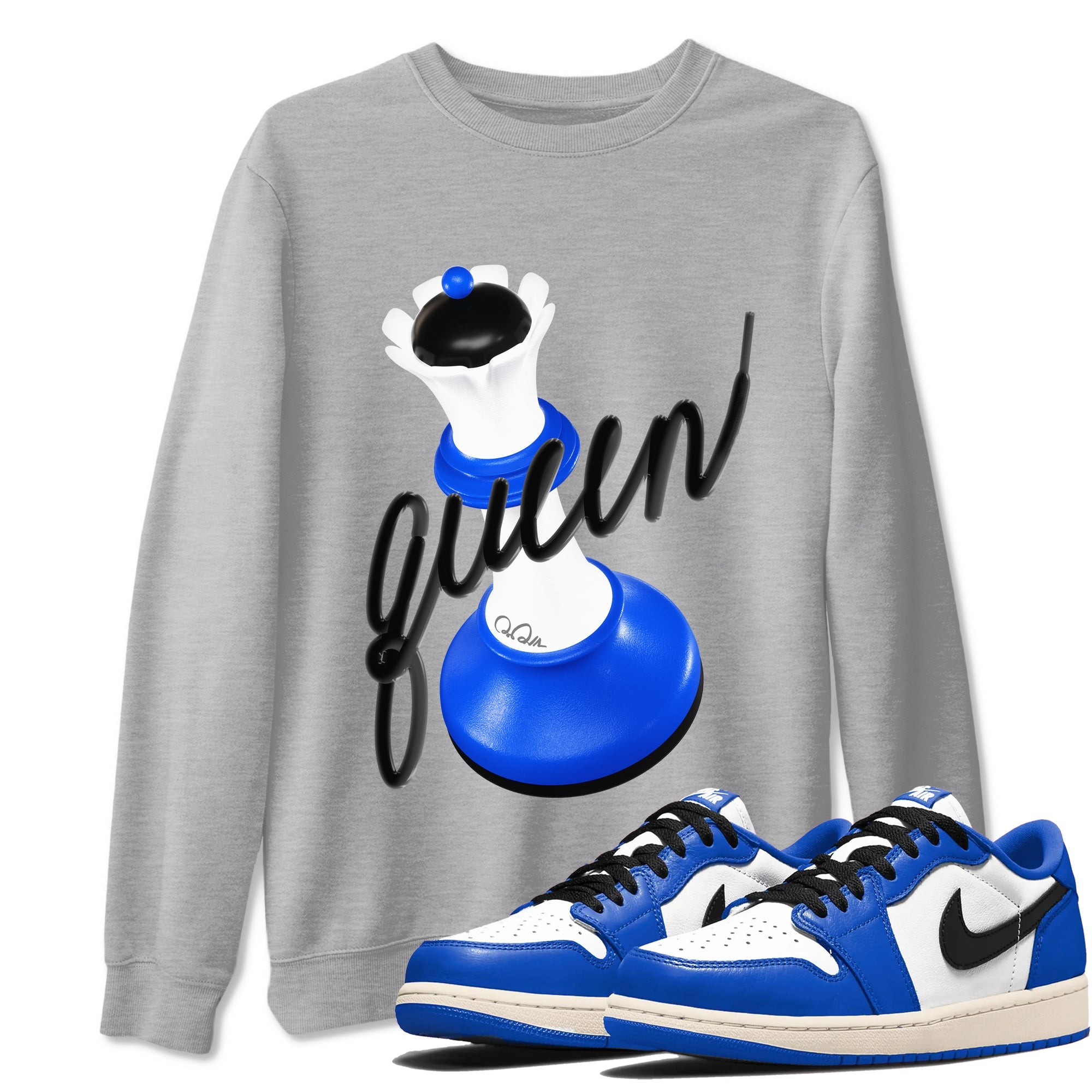 AJ1 Game Royal shirt to match jordans 3D Queen sneaker tees Air Jordan 1 Game Royal Drip Gear Zone unisex cotton Heather Grey 1 crew neck shirt