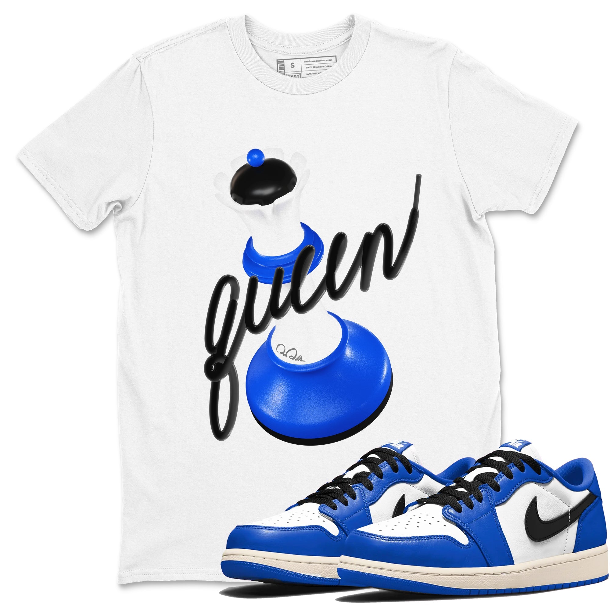 AJ1 Game Royal shirt to match jordans 3D Queen sneaker tees Air Jordan 1 Game Royal Drip Gear Zone unisex cotton White 1 crew neck shirt