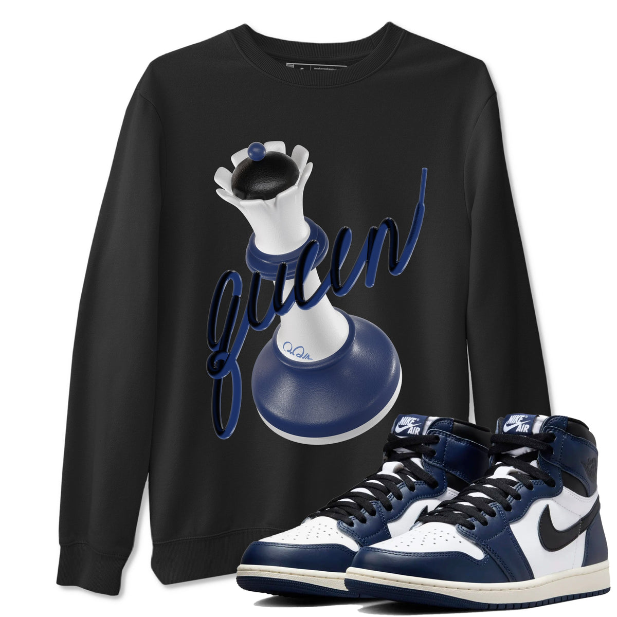1s Midnight Navy shirts to match jordans 3D Queen sneaker match tees Air Jordan 1 Midnight Navy match shoes to clothes Drip Gear Zone unisex cotton Black 1 shirts