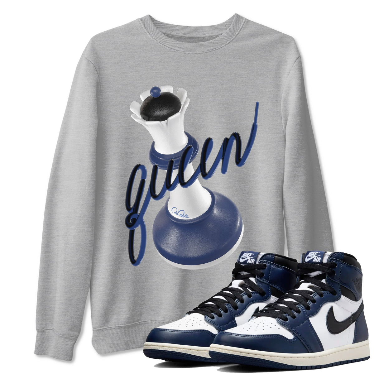 1s Midnight Navy shirts to match jordans 3D Queen sneaker match tees Air Jordan 1 Midnight Navy match shoes to clothes Drip Gear Zone unisex cotton Heather Grey 1 shirts