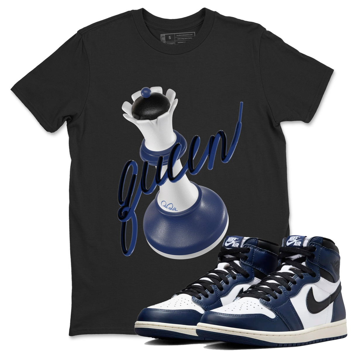 1s Midnight Navy shirts to match jordans 3D Queen sneaker match tees Air Jordan 1 Midnight Navy match shoes to clothes Drip Gear Zone unisex cotton Black 1 shirts