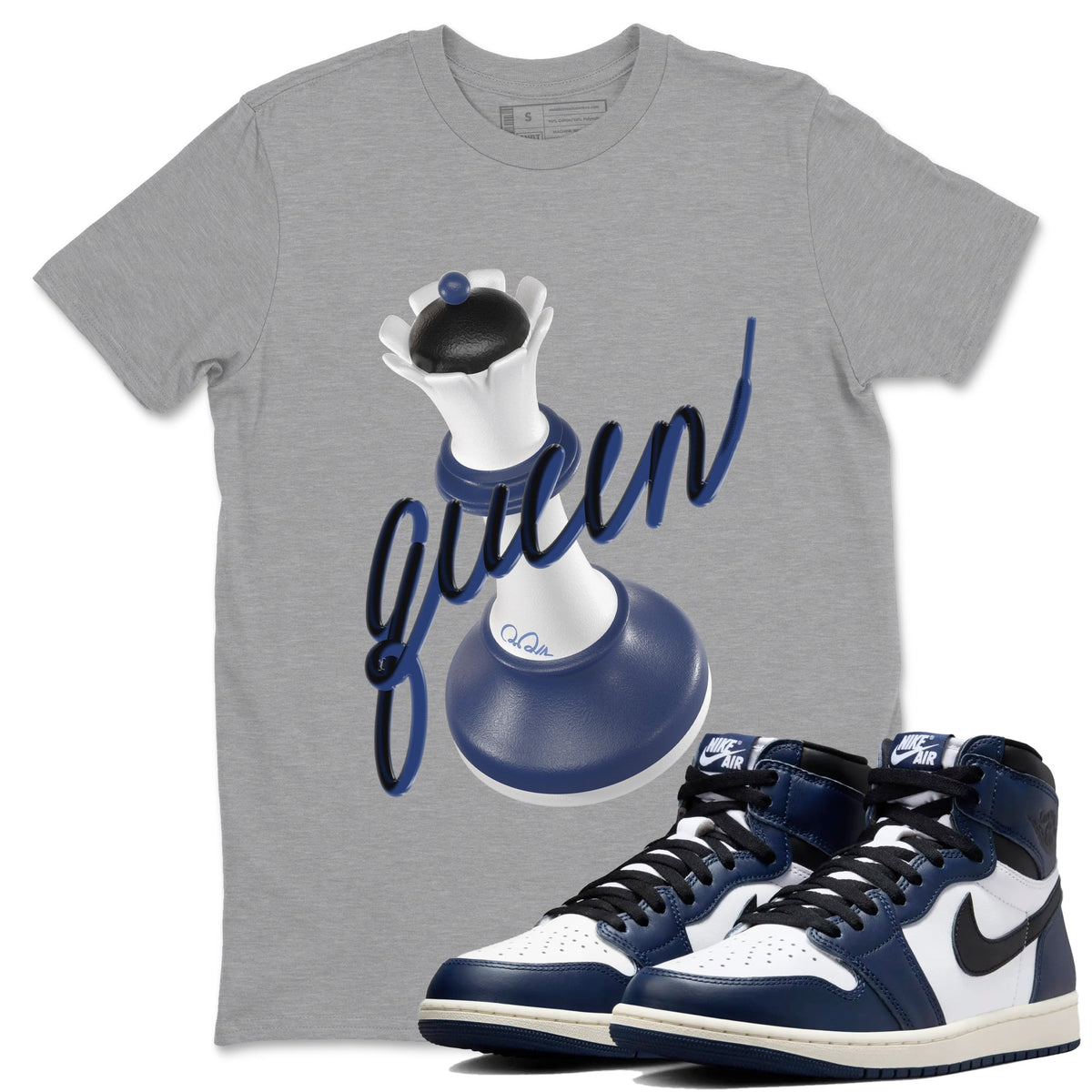 1s Midnight Navy shirts to match jordans 3D Queen sneaker match tees Air Jordan 1 Midnight Navy match shoes to clothes Drip Gear Zone unisex cotton Heather Grey 1 shirts