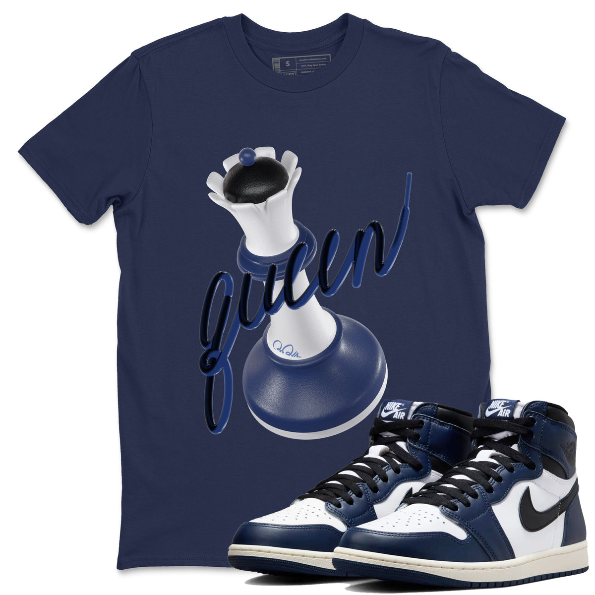 1s Midnight Navy shirts to match jordans 3D Queen sneaker match tees Air Jordan 1 Midnight Navy match shoes to clothes Drip Gear Zone unisex cotton Navy 1 shirts