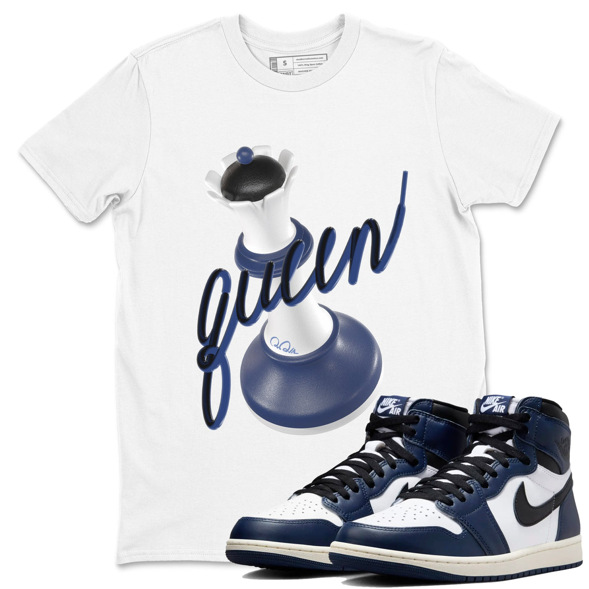 1s Midnight Navy shirts to match jordans 3D Queen sneaker match tees Air Jordan 1 Midnight Navy match shoes to clothes Drip Gear Zone unisex cotton White 1 shirts