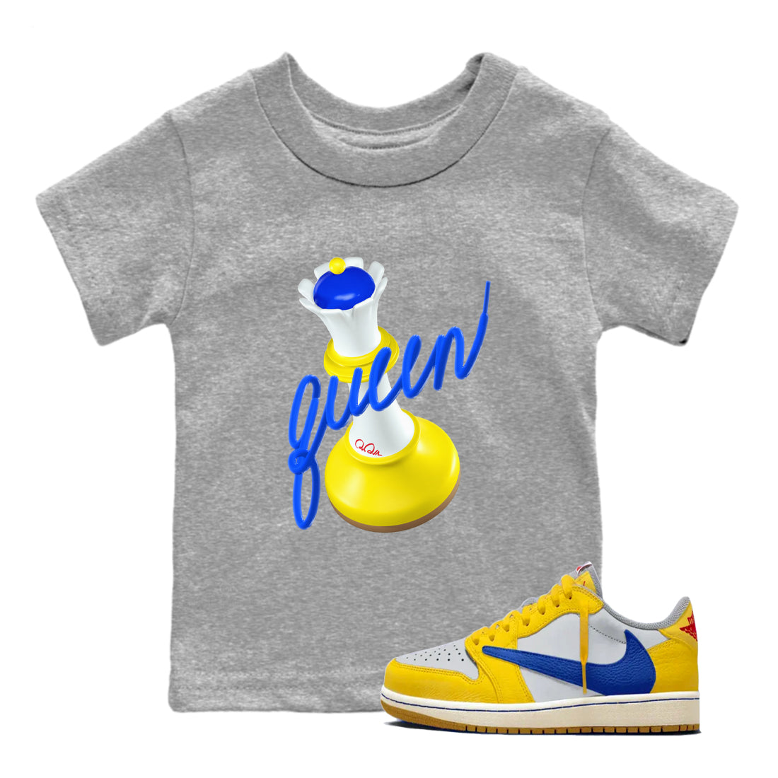 1s Travis Scott Canary shirt to match jordans 3D Queen sneaker tees Air Jordan 1 Travis Scott Canary Drip Gear Zone baby toddler Heather Grey 1 cotton Shirt