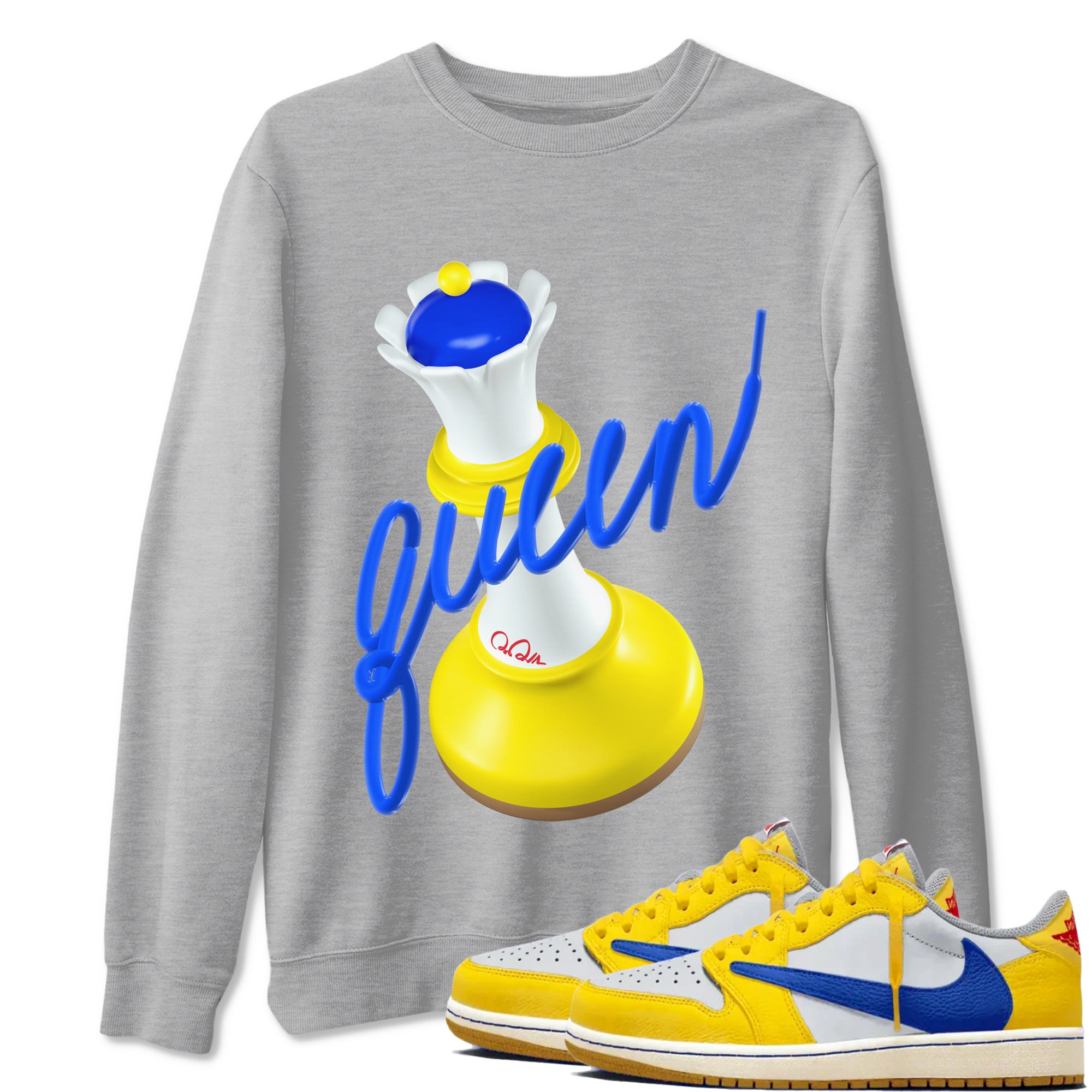 1s Travis Scott Canary shirt to match jordans 3D Queen sneaker tees Air Jordan 1 Travis Scott Canary Drip Gear Zone unisex cotton Heather Grey 1 crew neck shirt