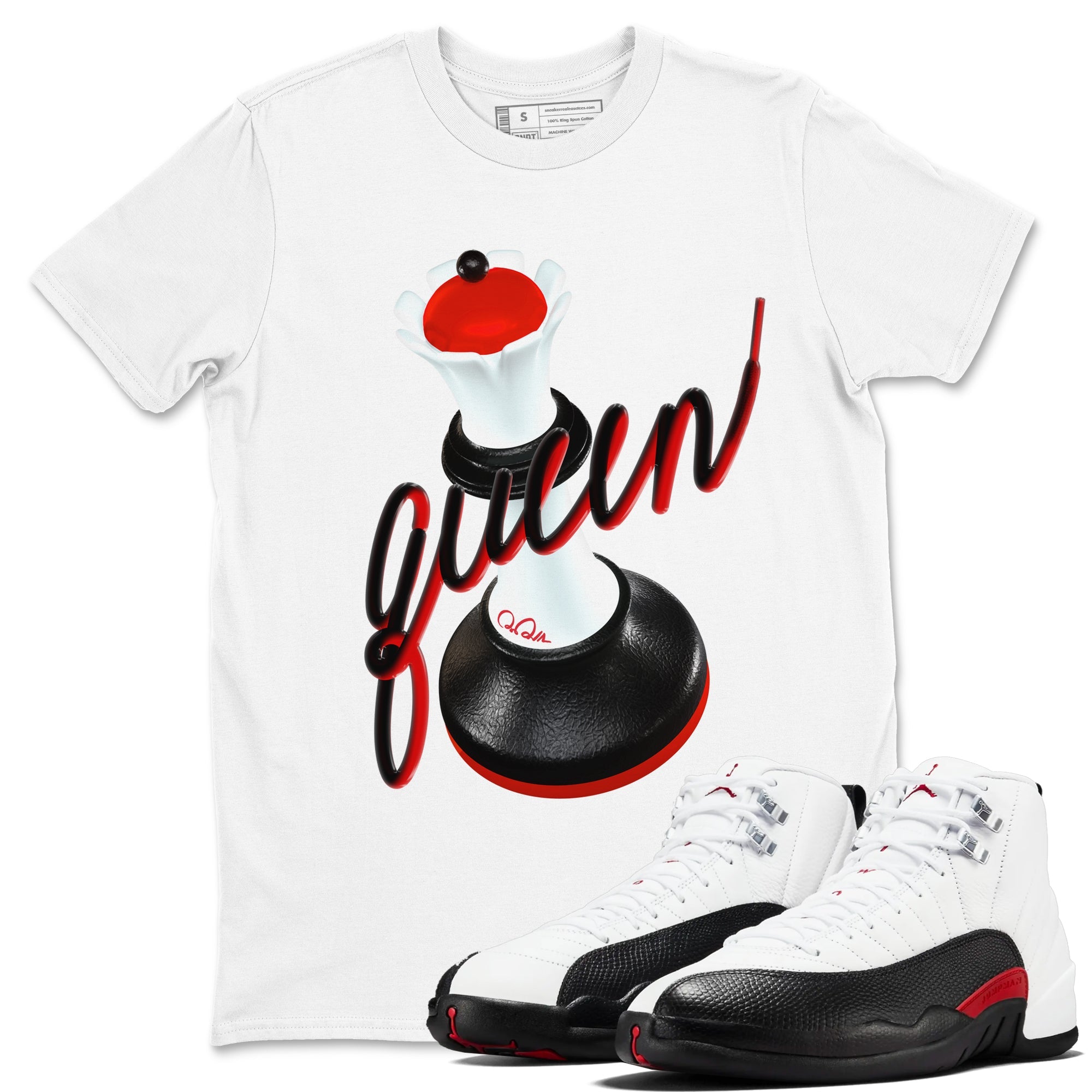 12s Taxi Flip shirts to match jordans 3D Queen sneaker match tees Air Jordan 12 Taxi Flip Drip Gear Zone streetwear brand White 1 unisex cotton tee