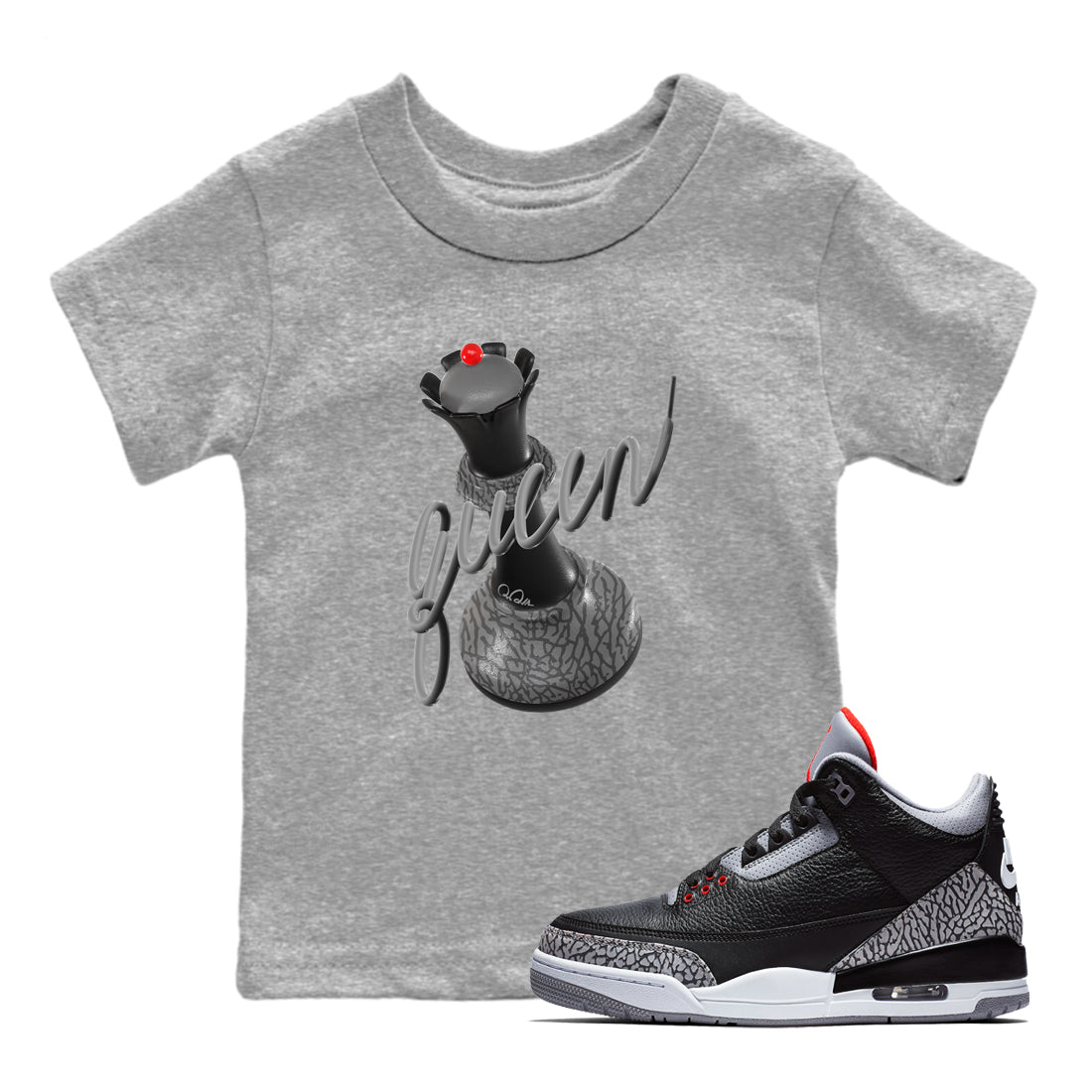 3s Black Cement shirts to match jordans 3D Queen sneaker match tees Air Jordan 3 Black Cement match shoes to clothes Drip Gear Zone Youth Baby Heather Grey 1 tee