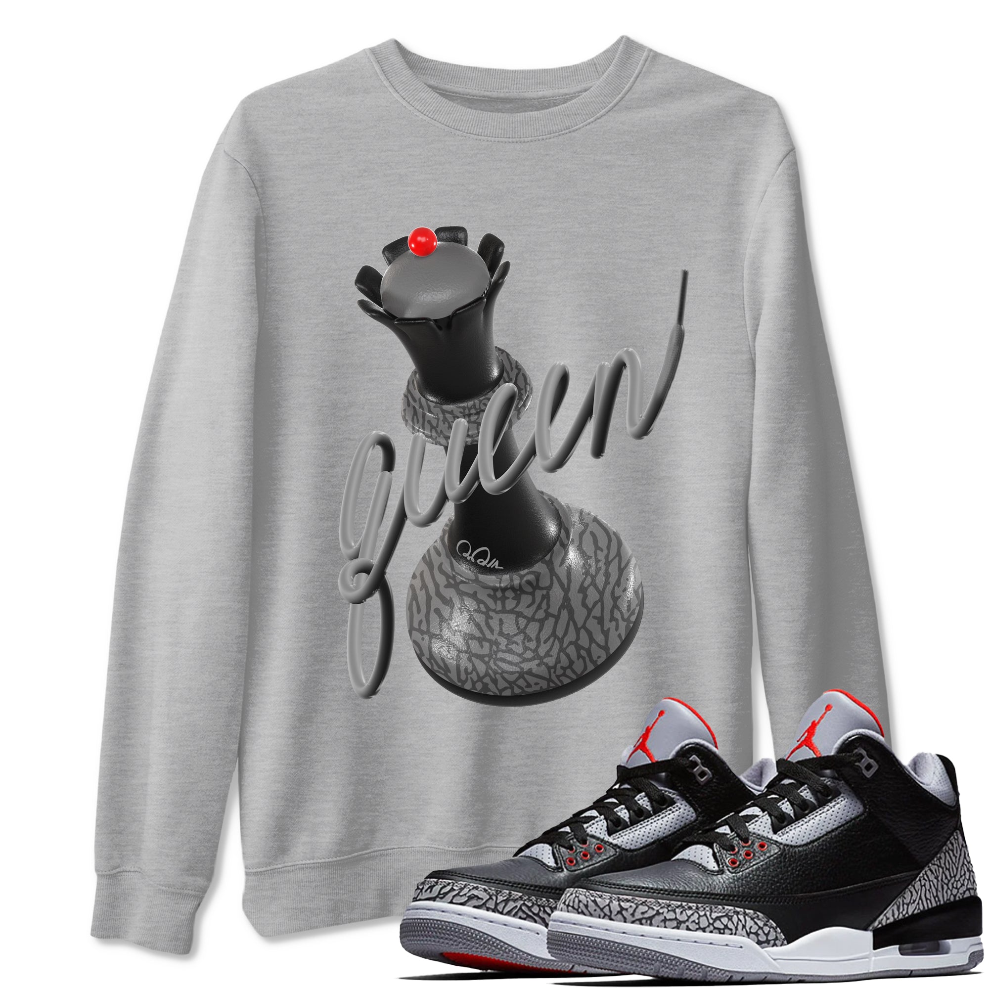 3s Black Cement shirts to match jordans 3D Queen sneaker match tees Air Jordan 3 Black Cement match shoes to clothes Drip Gear Zone unisex cotton Heather Grey 1 shirts