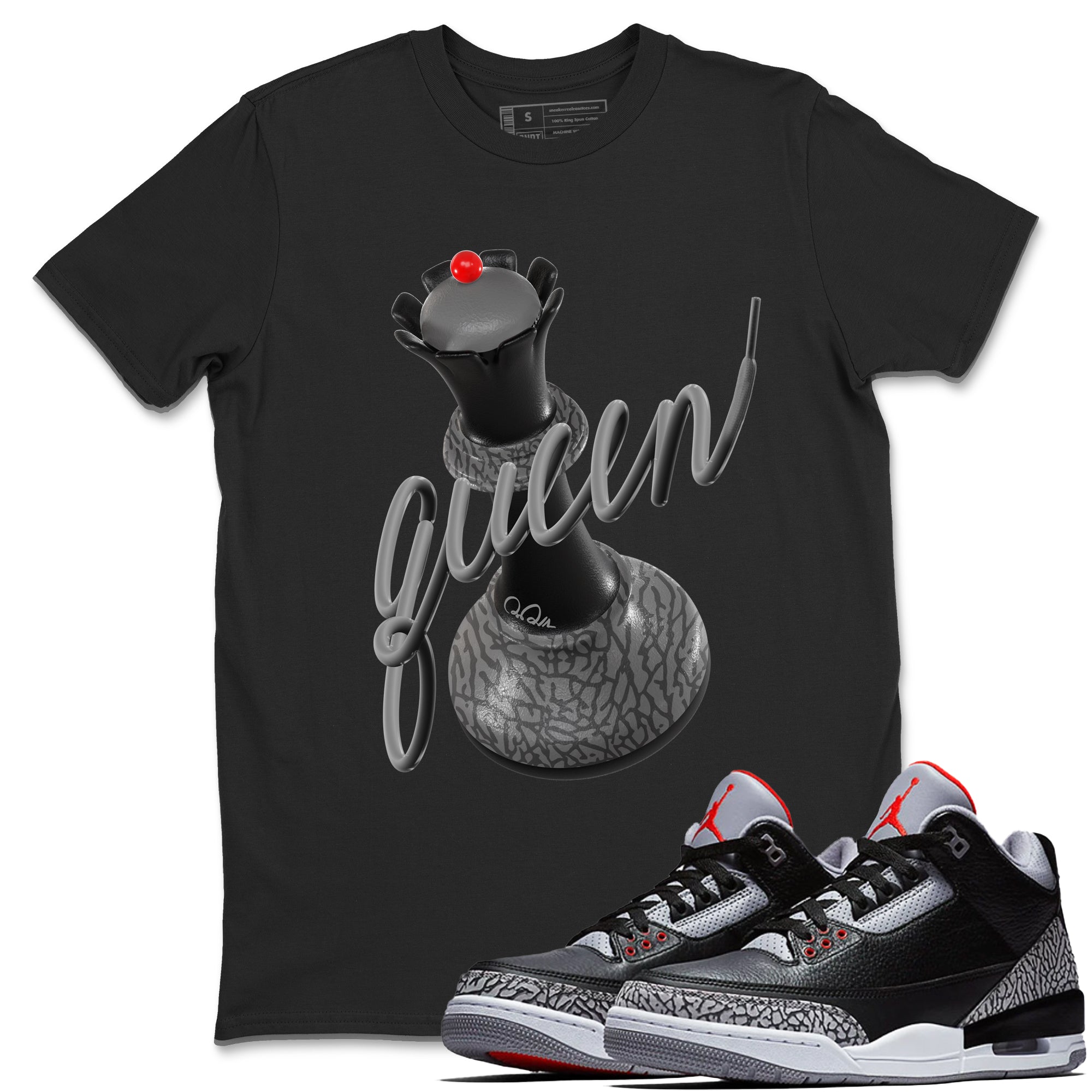 3s Black Cement shirts to match jordans 3D Queen sneaker match tees Air Jordan 3 Black Cement match shoes to clothes Drip Gear Zone unisex cotton Black 1 shirts