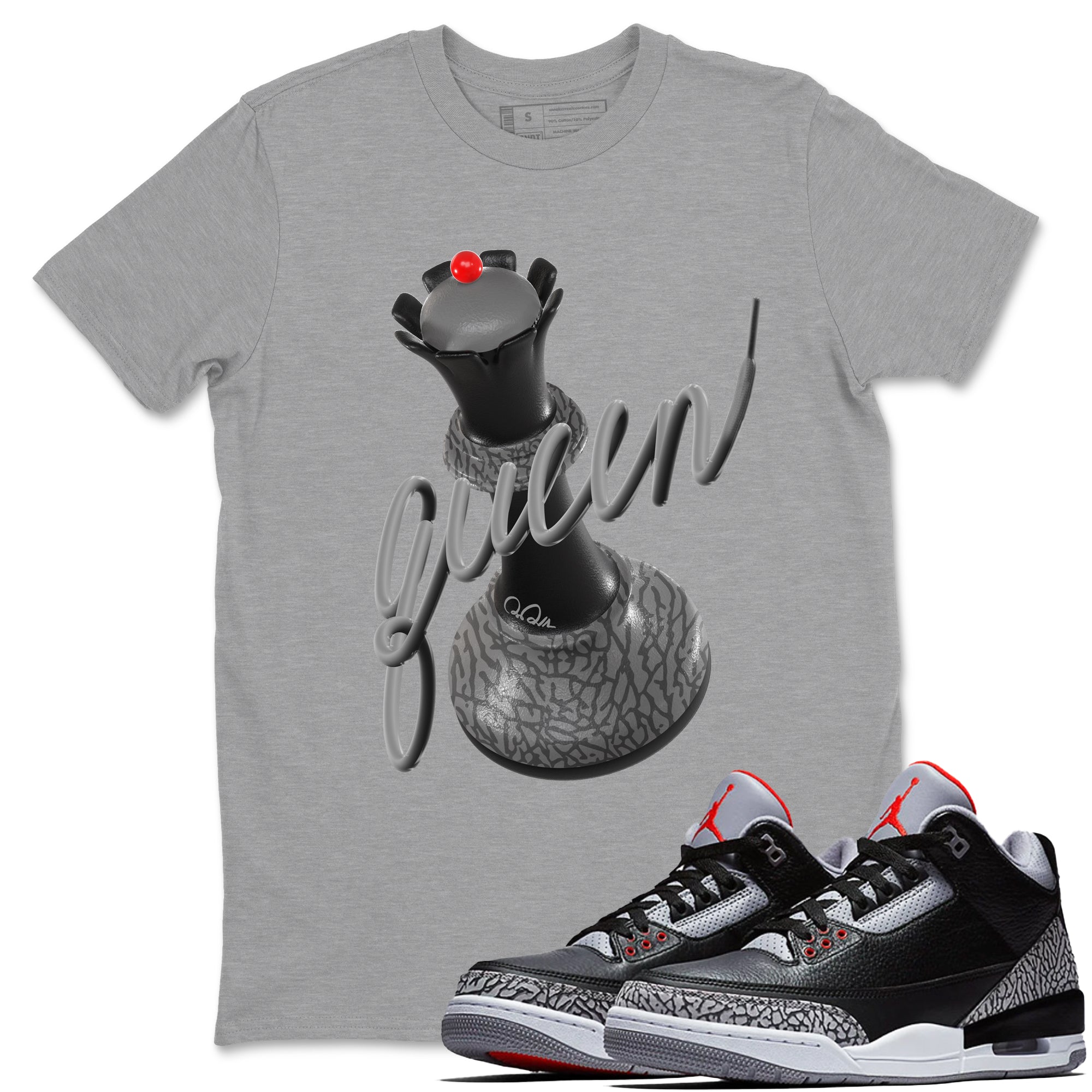 3s Black Cement shirts to match jordans 3D Queen sneaker match tees Air Jordan 3 Black Cement match shoes to clothes Drip Gear Zone unisex cotton Heather Grey 1 shirts
