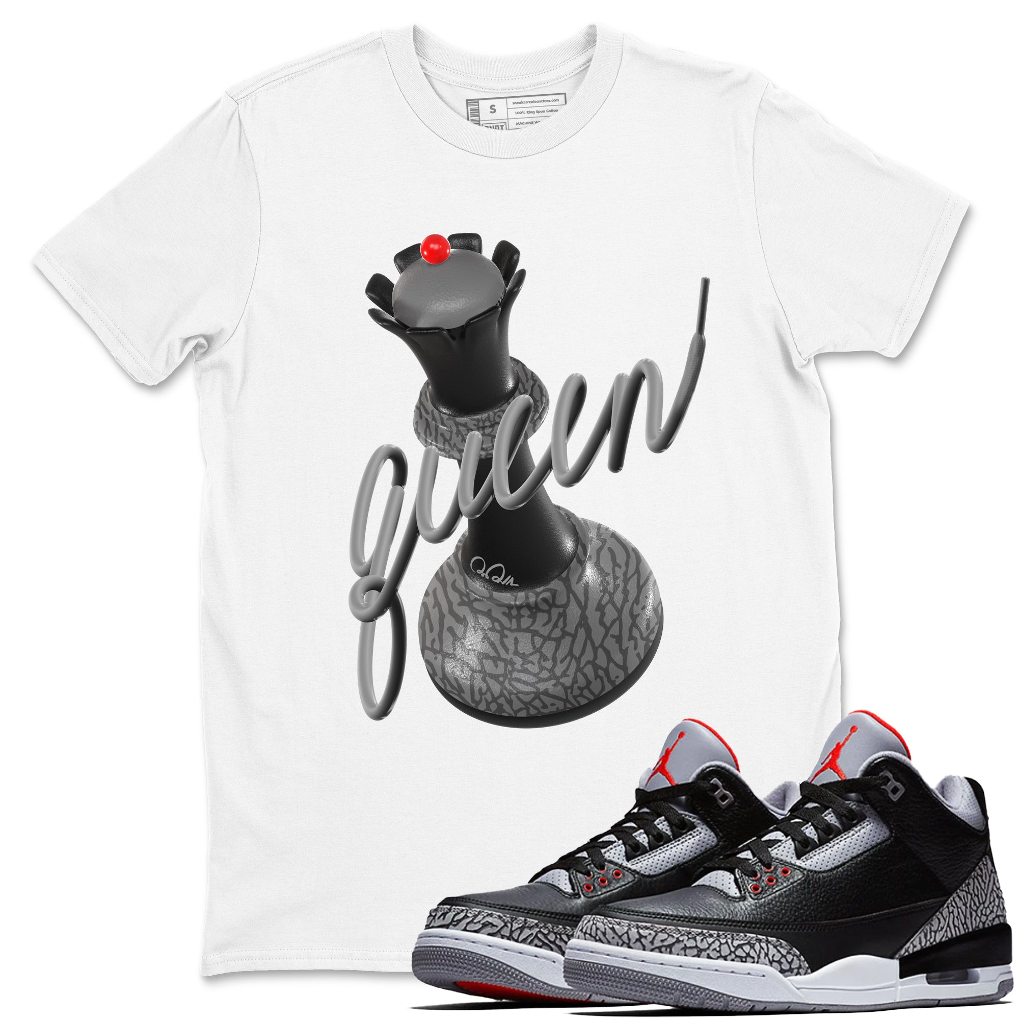 3s Black Cement shirts to match jordans 3D Queen sneaker match tees Air Jordan 3 Black Cement match shoes to clothes Drip Gear Zone unisex cotton White 1 shirts
