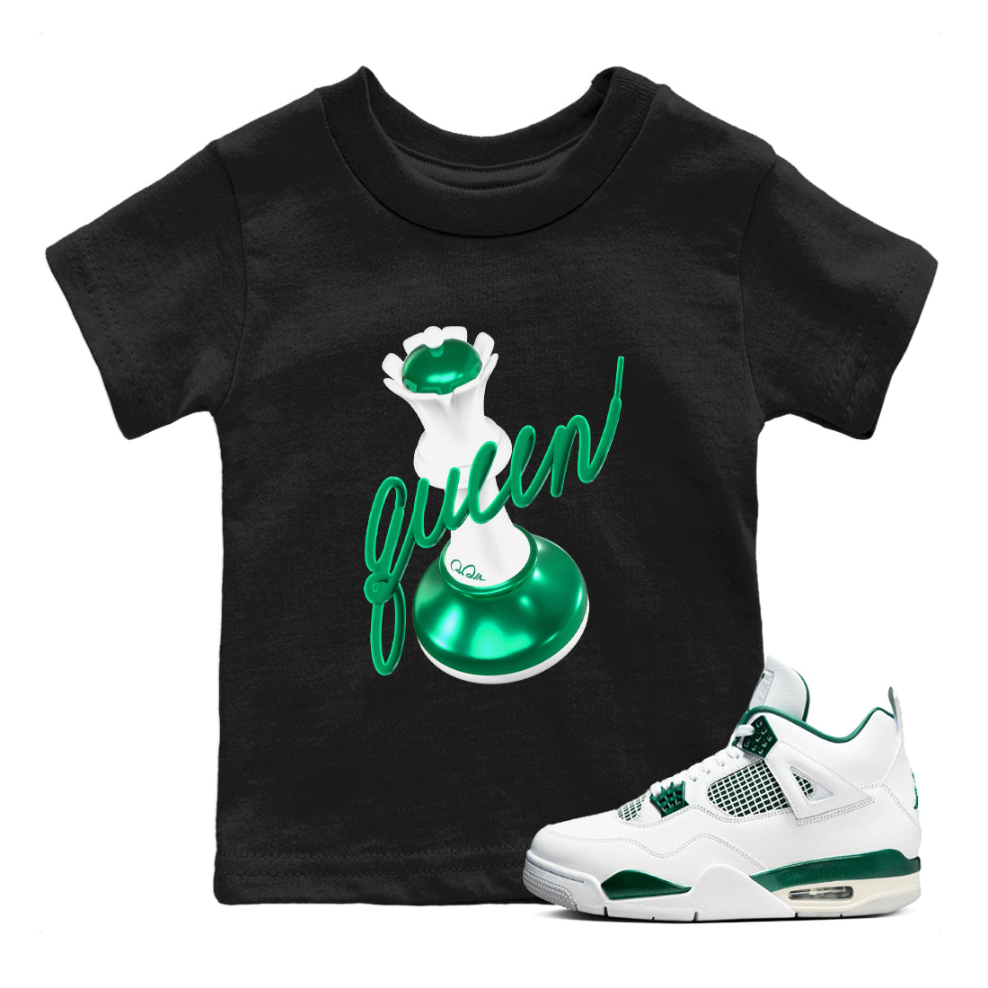 4s Oxidized Green shirts to match jordans 3D Queen sneaker match tees Air Jordan 4 Oxidized Green Drip Gear Zone streetwear brand Baby and Youth Black 1 cotton tee