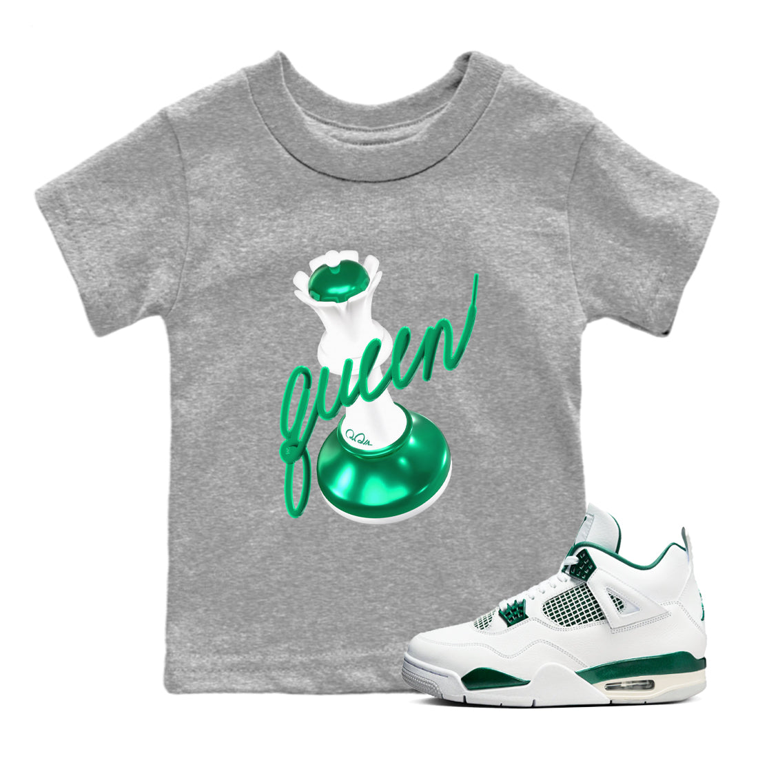 4s Oxidized Green shirts to match jordans 3D Queen sneaker match tees Air Jordan 4 Oxidized Green Drip Gear Zone streetwear brand Baby and Youth Heather Grey 1 cotton tee