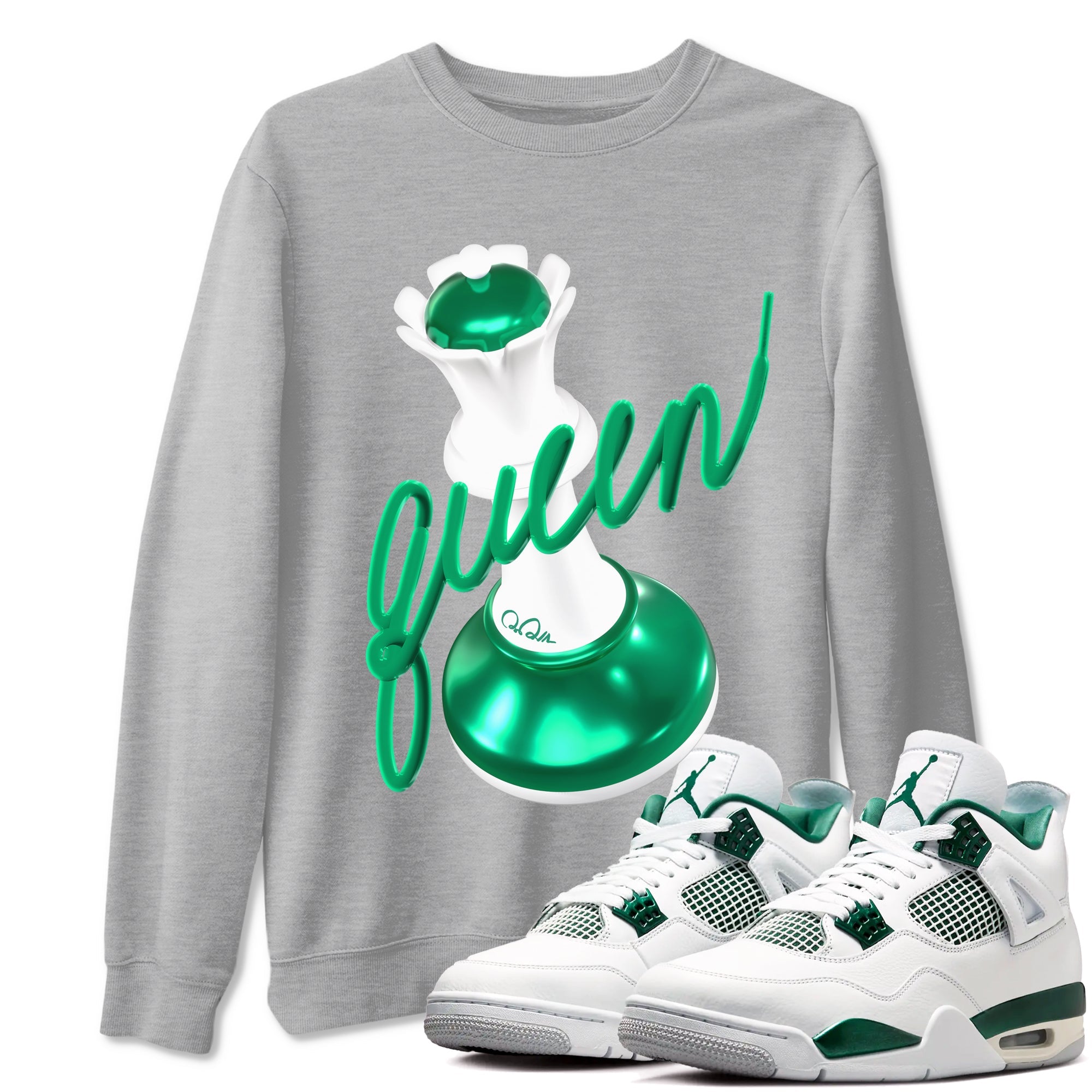 4s Oxidized Green shirts to match jordans 3D Queen sneaker match tees Air Jordan 4 Oxidized Green Drip Gear Zone streetwear brand Heather Grey 1 unisex cotton tee