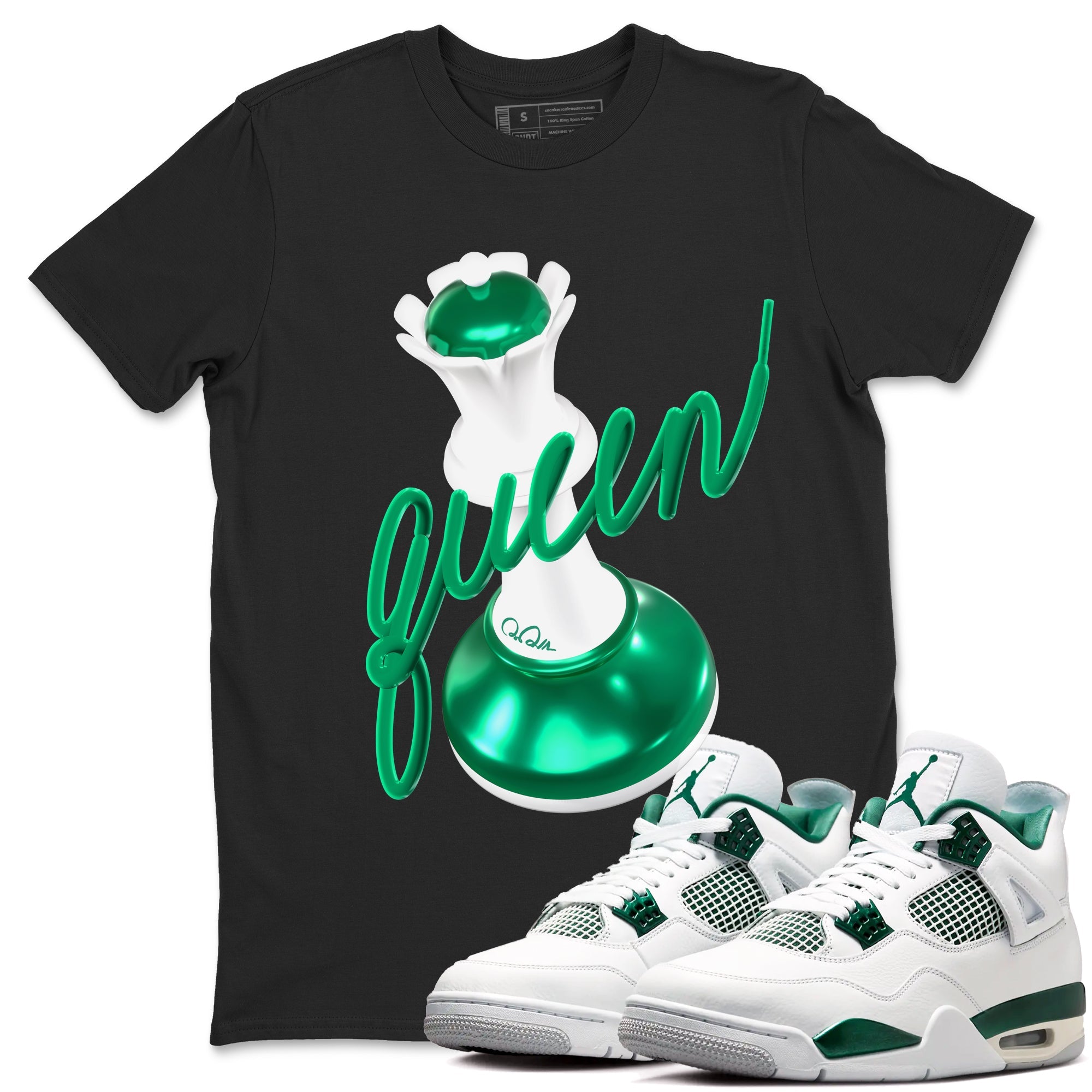 4s Oxidized Green shirts to match jordans 3D Queen sneaker match tees Air Jordan 4 Oxidized Green Drip Gear Zone streetwear brand Black 1 unisex cotton tee
