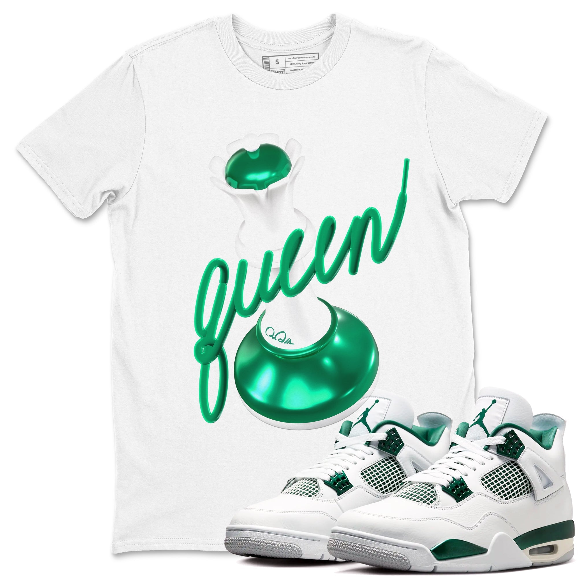 4s Oxidized Green shirts to match jordans 3D Queen sneaker match tees Air Jordan 4 Oxidized Green Drip Gear Zone streetwear brand White 1 unisex cotton tee