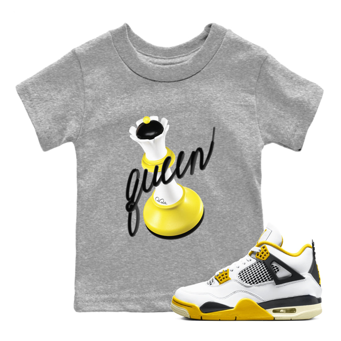 AJ4 Vivid Sulfur shirt to match jordans 3D Queen sneaker tees Air Jordan 4 Vivid Sulfur Drip Gear Zone baby toddler Heather Grey 1 cotton Shirt