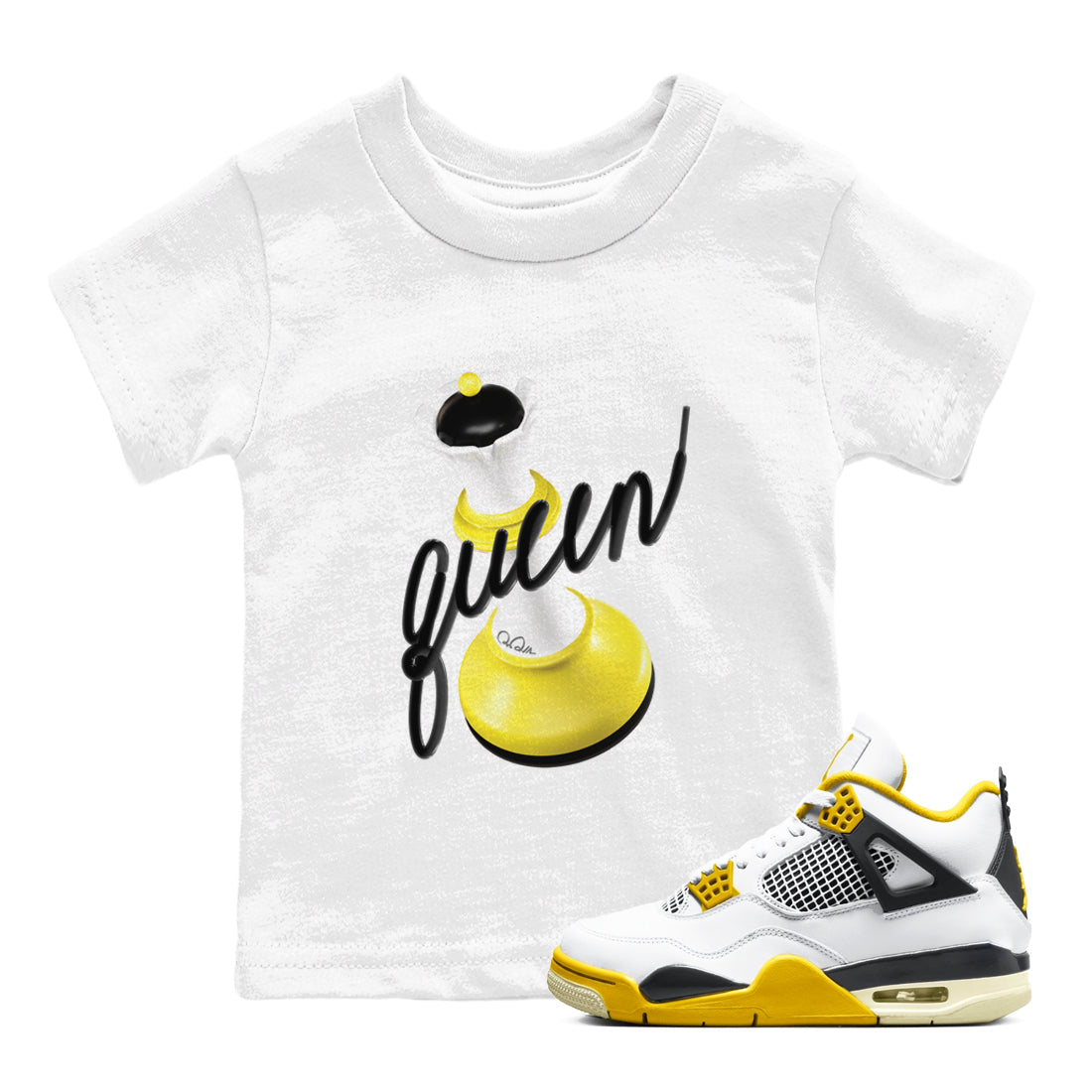 AJ4 Vivid Sulfur shirt to match jordans 3D Queen sneaker tees Air Jordan 4 Vivid Sulfur Drip Gear Zone baby toddler White 1 cotton Shirt