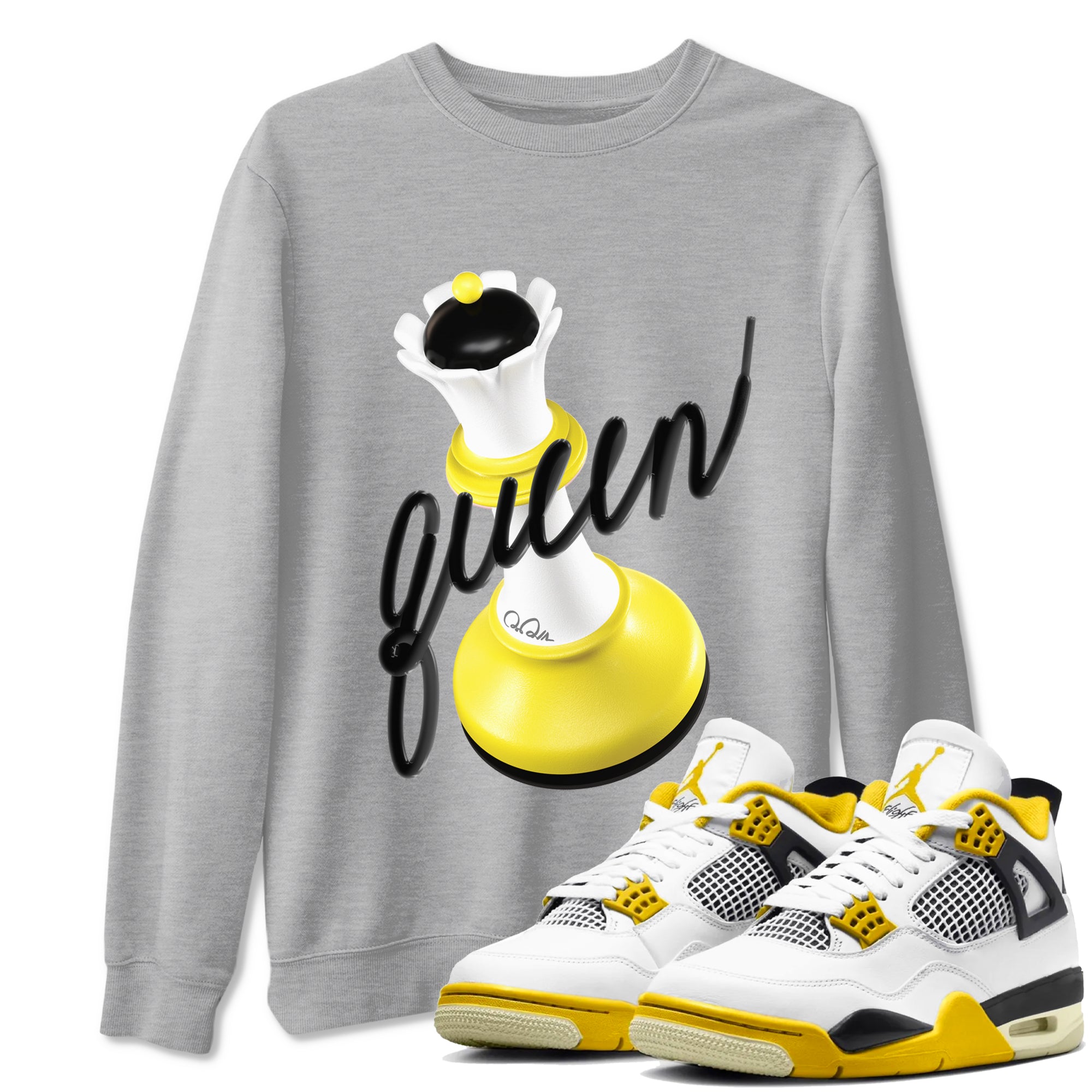 AJ4 Vivid Sulfur shirt to match jordans 3D Queen sneaker tees Air Jordan 4 Vivid Sulfur Drip Gear Zone unisex cotton Heather Grey 1 crew neck shirt