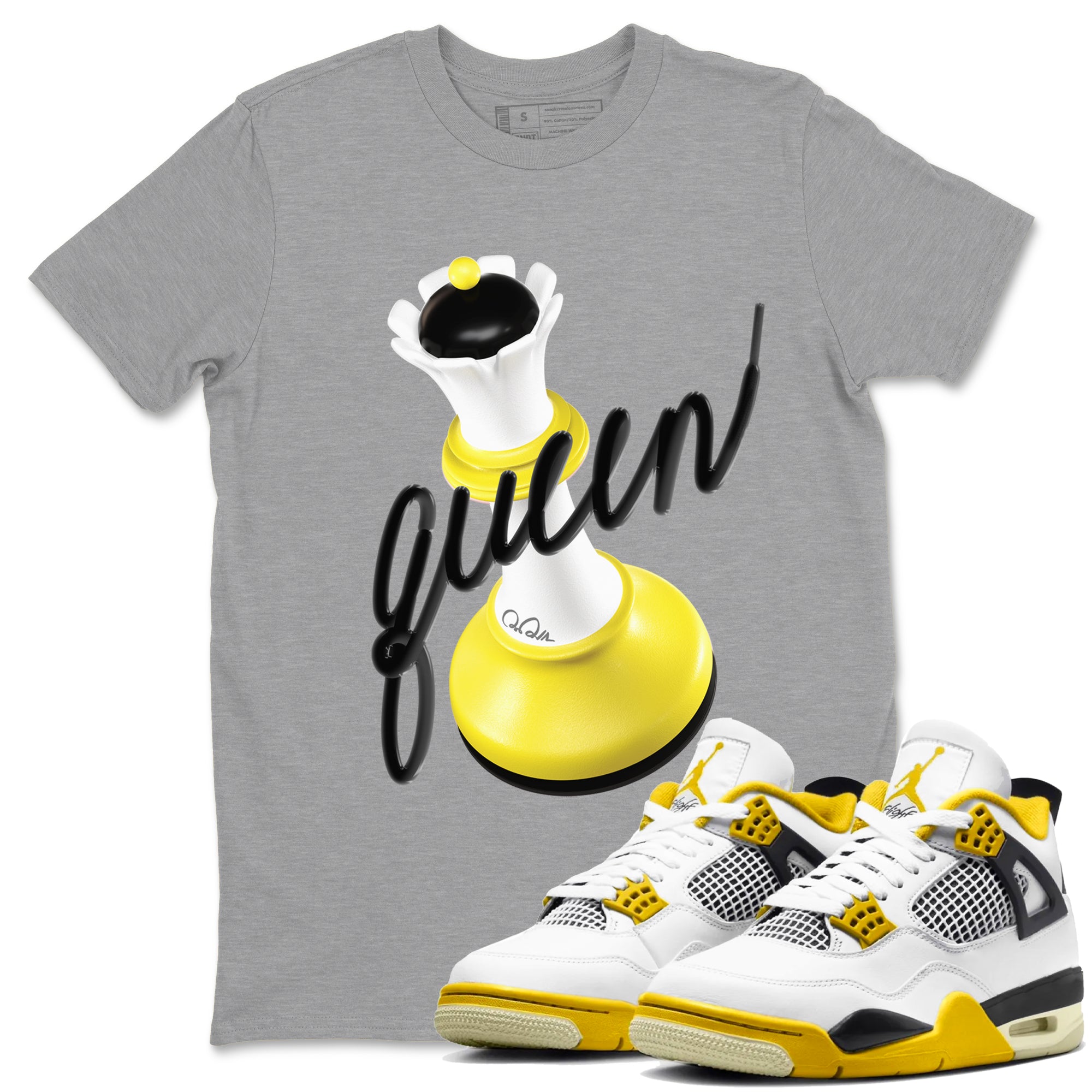 AJ4 Vivid Sulfur shirt to match jordans 3D Queen sneaker tees Air Jordan 4 Vivid Sulfur Drip Gear Zone unisex cotton Heather Grey 1 crew neck shirt