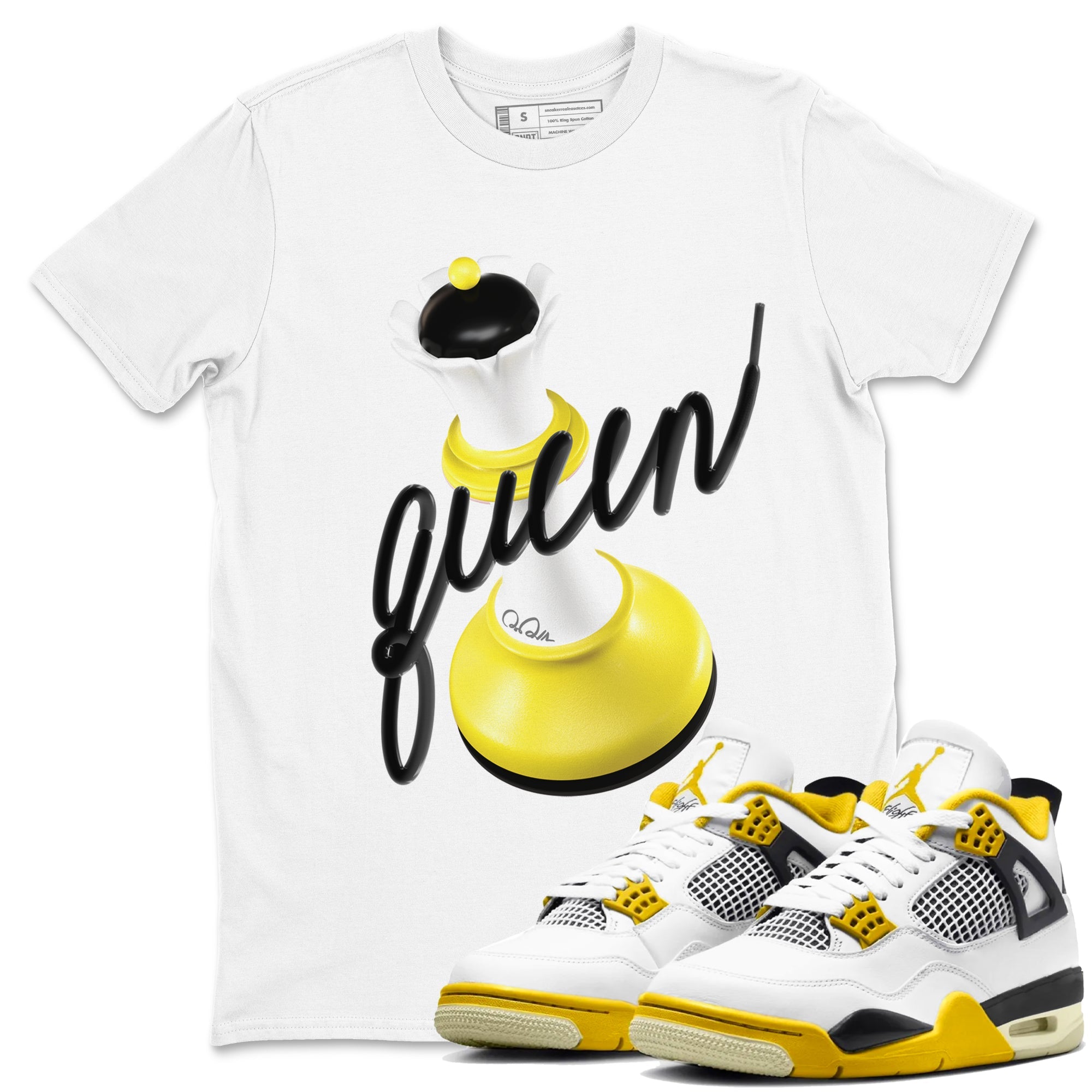 AJ4 Vivid Sulfur shirt to match jordans 3D Queen sneaker tees Air Jordan 4 Vivid Sulfur Drip Gear Zone unisex cotton White 1 crew neck shirt