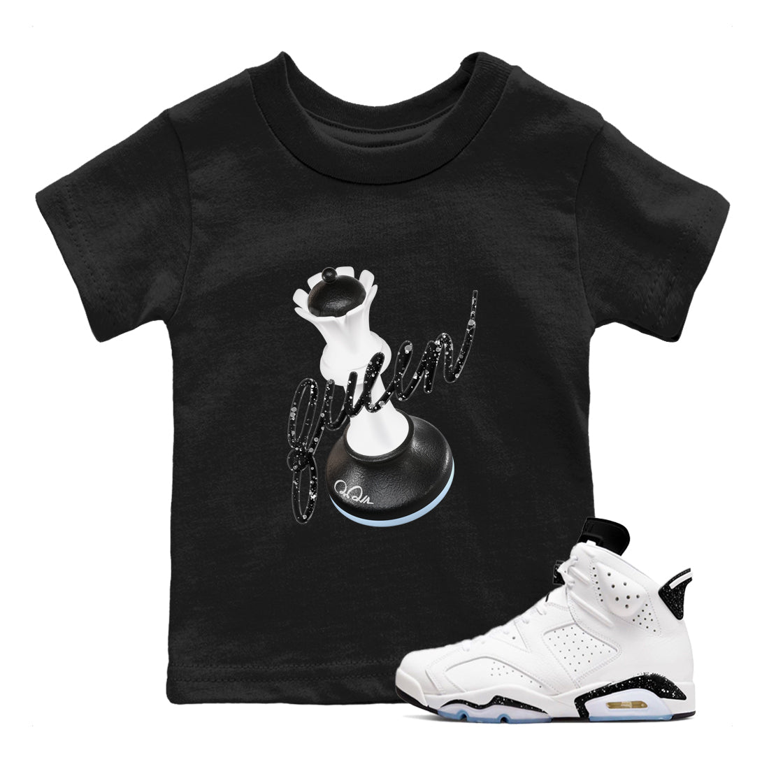 AJ6 White Black shirts to match jordans 3D Queen sneaker match tees Air Jordan 6 White Black Drip Gear Zone streetwear brand Baby and Youth Black 1 cotton tee