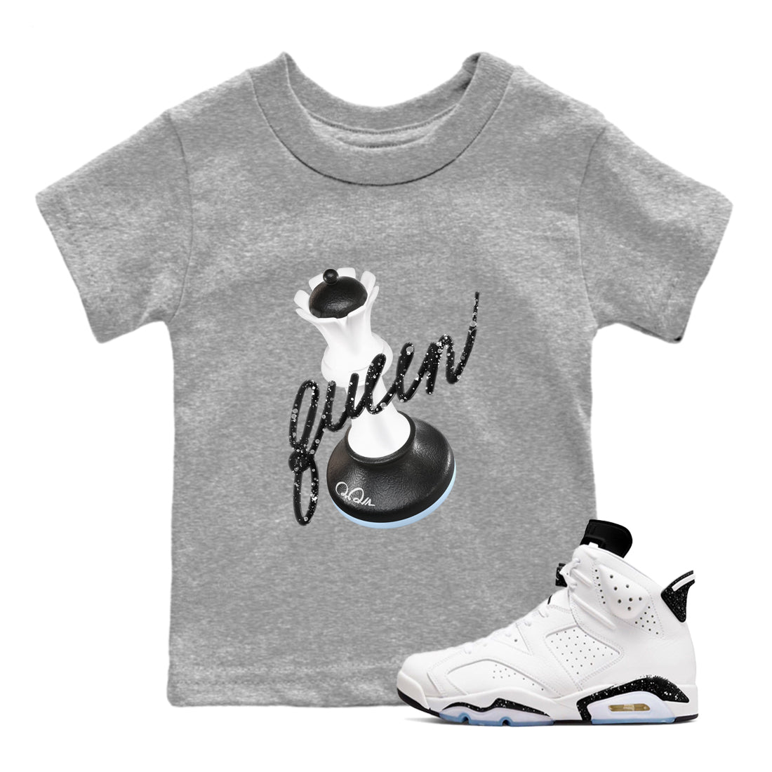 AJ6 White Black shirts to match jordans 3D Queen sneaker match tees Air Jordan 6 White Black Drip Gear Zone streetwear brand Baby and Youth Heather Grey 1 cotton tee
