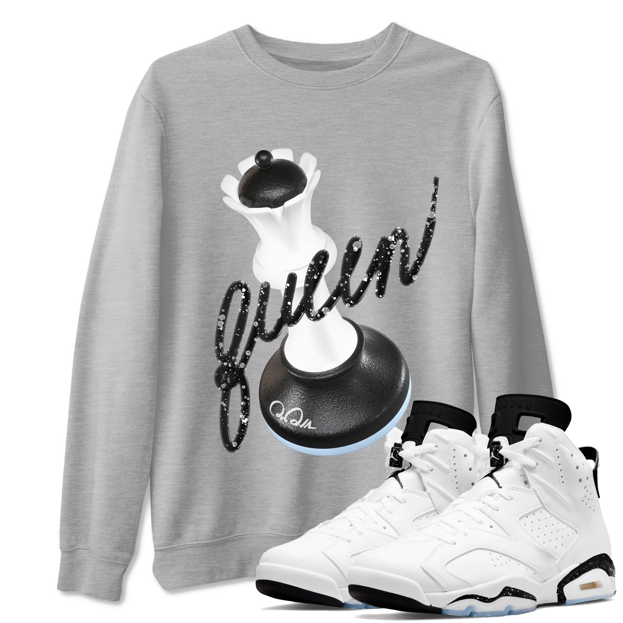 AJ6 White Black shirts to match jordans 3D Queen sneaker match tees Air Jordan 6 White Black Drip Gear Zone streetwear brand Heather Grey 1 unisex cotton tee