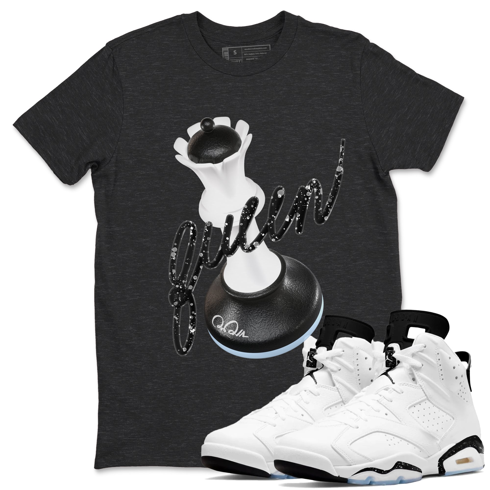 AJ6 White Black shirts to match jordans 3D Queen sneaker match tees Air Jordan 6 White Black Drip Gear Zone streetwear brand Charcoal Heather 1 unisex cotton tee