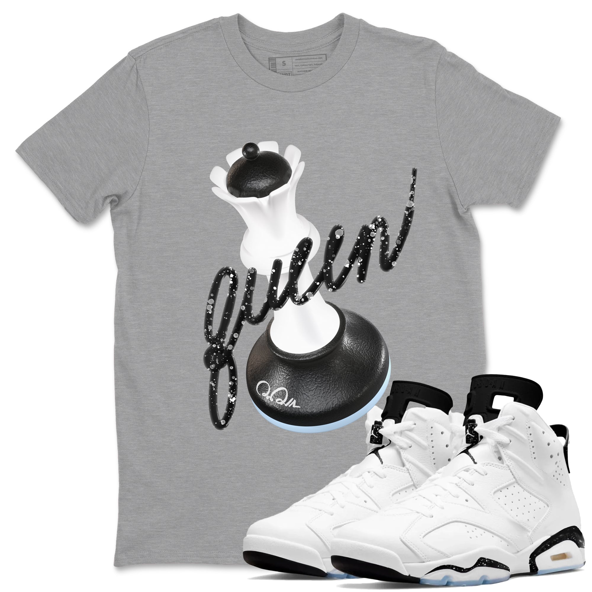AJ6 White Black shirts to match jordans 3D Queen sneaker match tees Air Jordan 6 White Black Drip Gear Zone streetwear brand Heather Grey 1 unisex cotton tee
