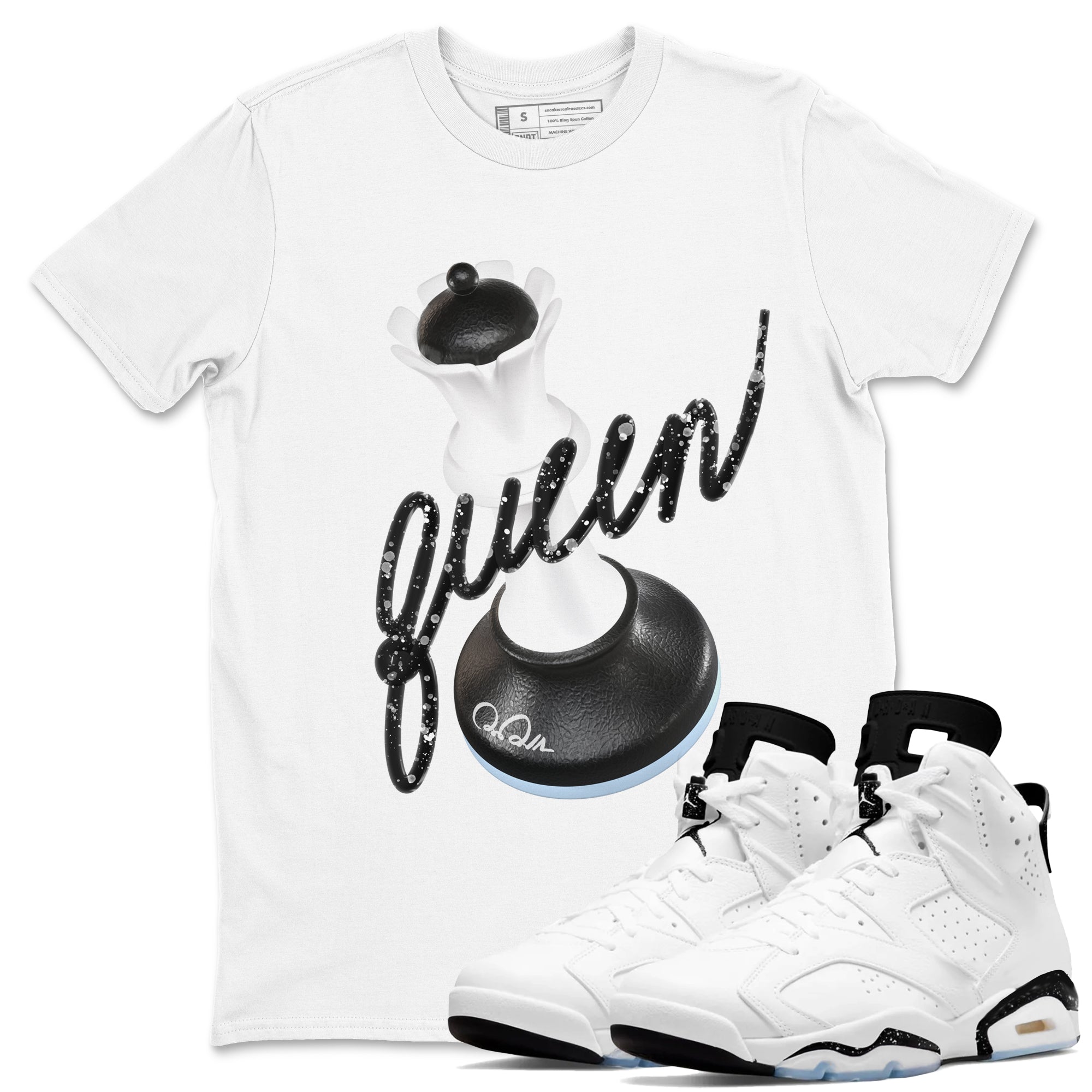AJ6 White Black shirts to match jordans 3D Queen sneaker match tees Air Jordan 6 White Black Drip Gear Zone streetwear brand White 1 unisex cotton tee