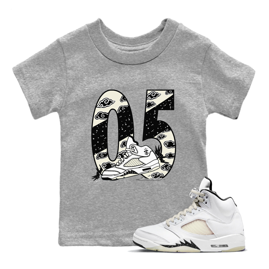 AJ5 Sail shirt to match jordans Aggressive Dribble sneaker tees Air Jordan 5 Sail Drip Gear Zone baby toddler Heather Grey 1 cotton Shirt